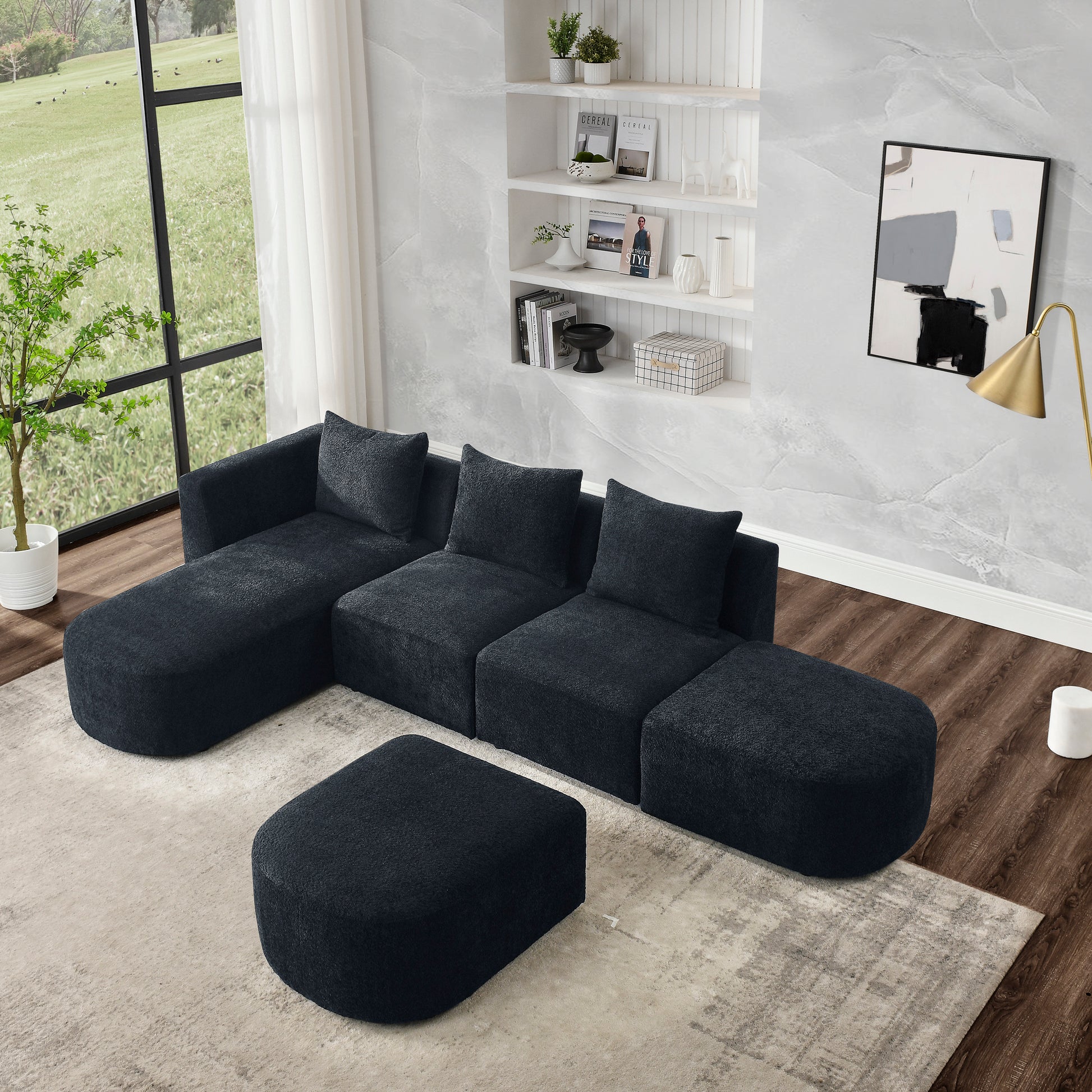 L Shape Sectional Sofa Including Two Single Seats, Left Side Chaise And Two Ottomans, Modular Sofa, Diy Combination, Loop Yarn Fabric, Black Black Polyester Wood Medium Soft Tight Back Eucalyptus Square Arms Polyester 5 Seat