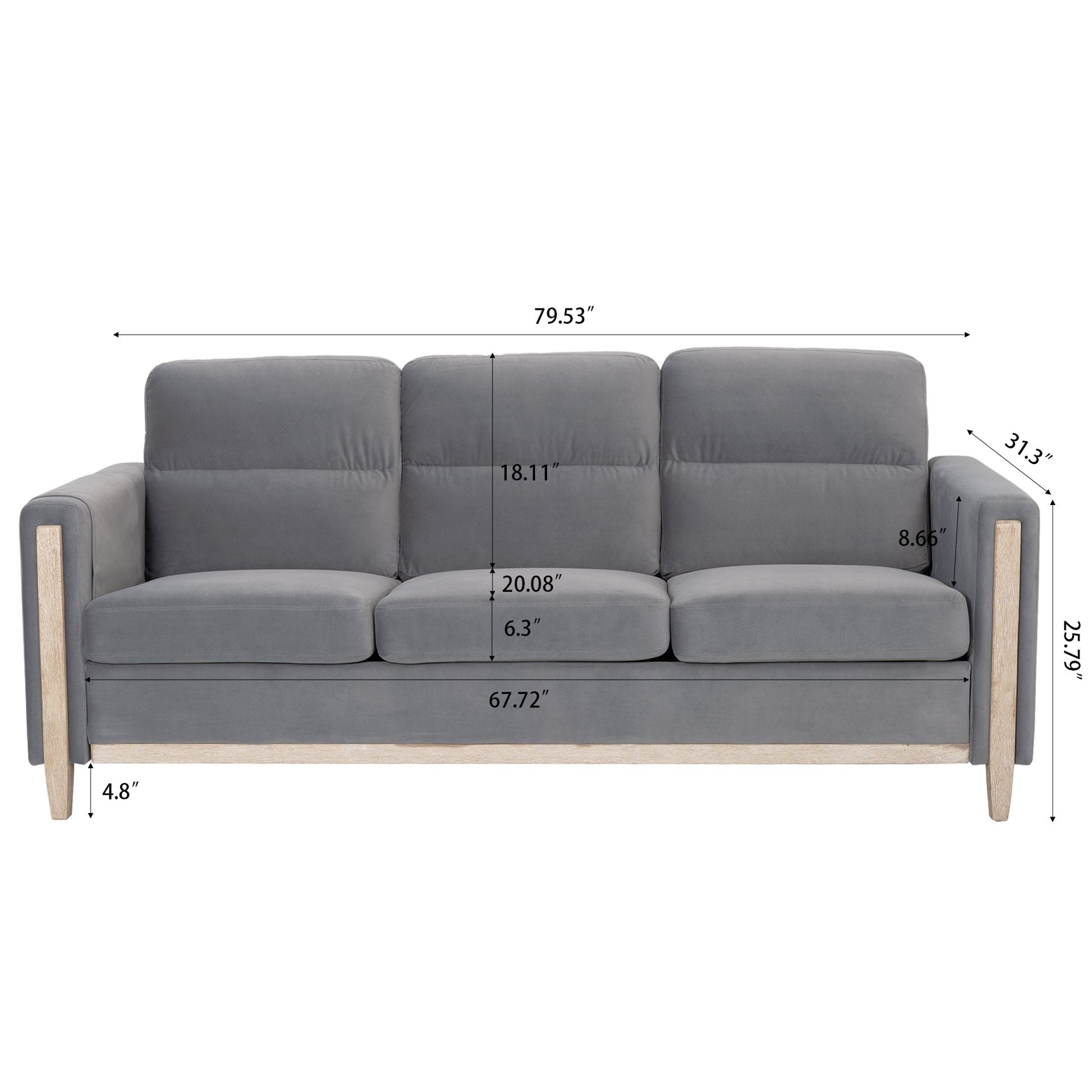 Comfortable Solid Wood Three Seater Sofa Soft Cushions, Durable And Long Lasting,79.5" Sofa Couch For Living Room Gray Fabric Fabric