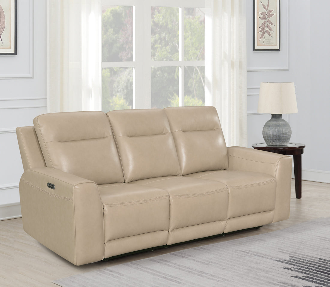 Transitional Leather Power Reclining Group Style Meets Comfort Top Grain Leather, Dual Power Footrest And Articulating Headrest Luxurious Seating Sand Leather 3 Seat