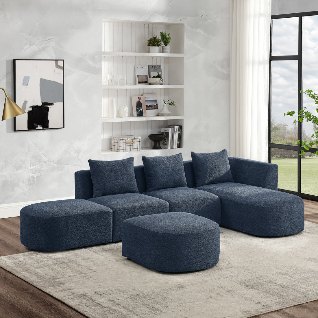 L Shape Sectional Sofa With Right Side Chaise And Ottoman, Modular Sofa, Diy Combination, Loop Yarn Fabric, Navy Navy Polyester Wood Tight Back Eucalyptus Square Arms Polyester 5 Seat