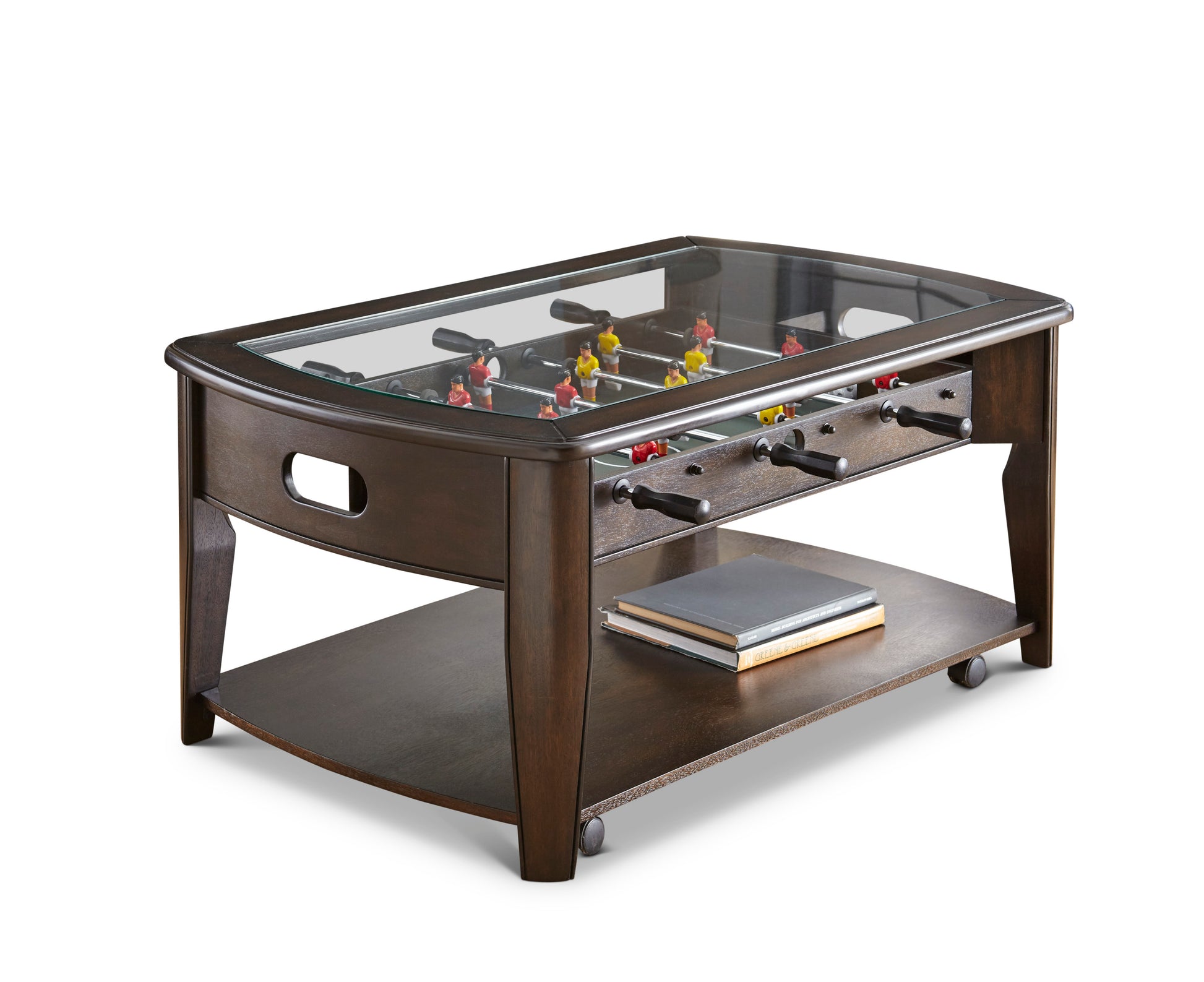 Foosball Cocktail Table Tempered Glass Insert, Locking Casters, Fully Operational Game Fun Addition To Game Or Living Room Cherry Solid Wood Mdf