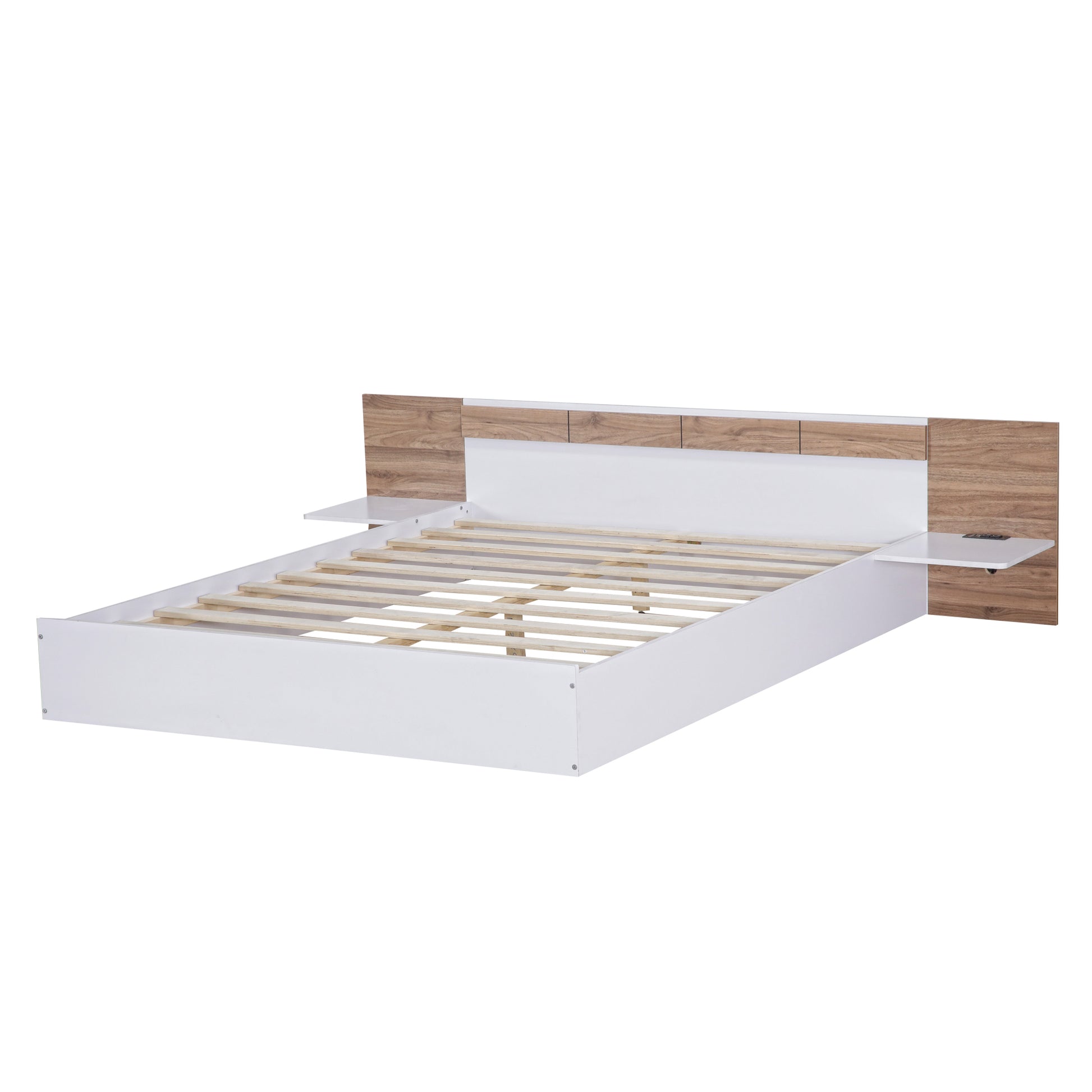 Queen Size Platform Bed With Headboard, Shelves, Usb Ports And Sockets, White White Wood