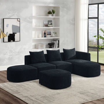 L Shape Sectional Sofa With Right Side Chaise And Ottoman, Modular Sofa, Diy Combination, Loop Yarn Fabric, Black Black Polyester Wood Tight Back Eucalyptus Square Arms Polyester 5 Seat