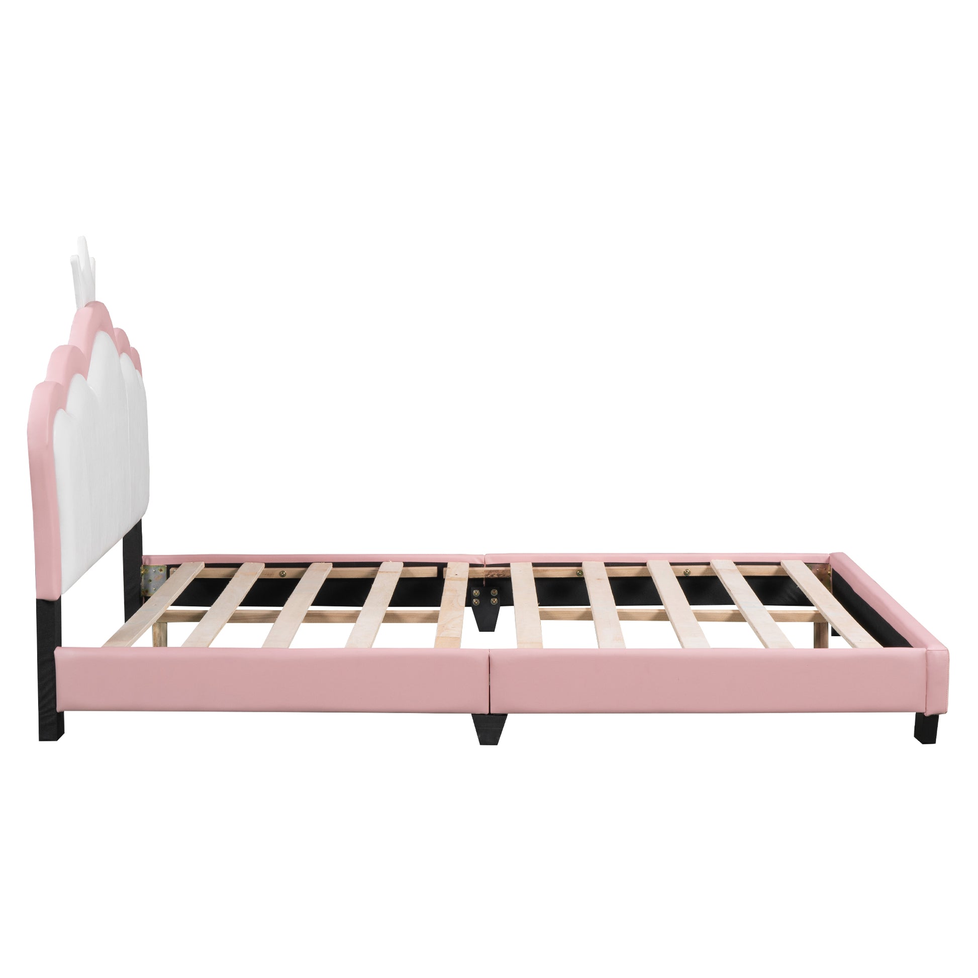 Full Size Upholstered Princess Bed With Crown Headboard,Full Size Platform Bed With Headboard And Footboard,White Pink Pink Pu