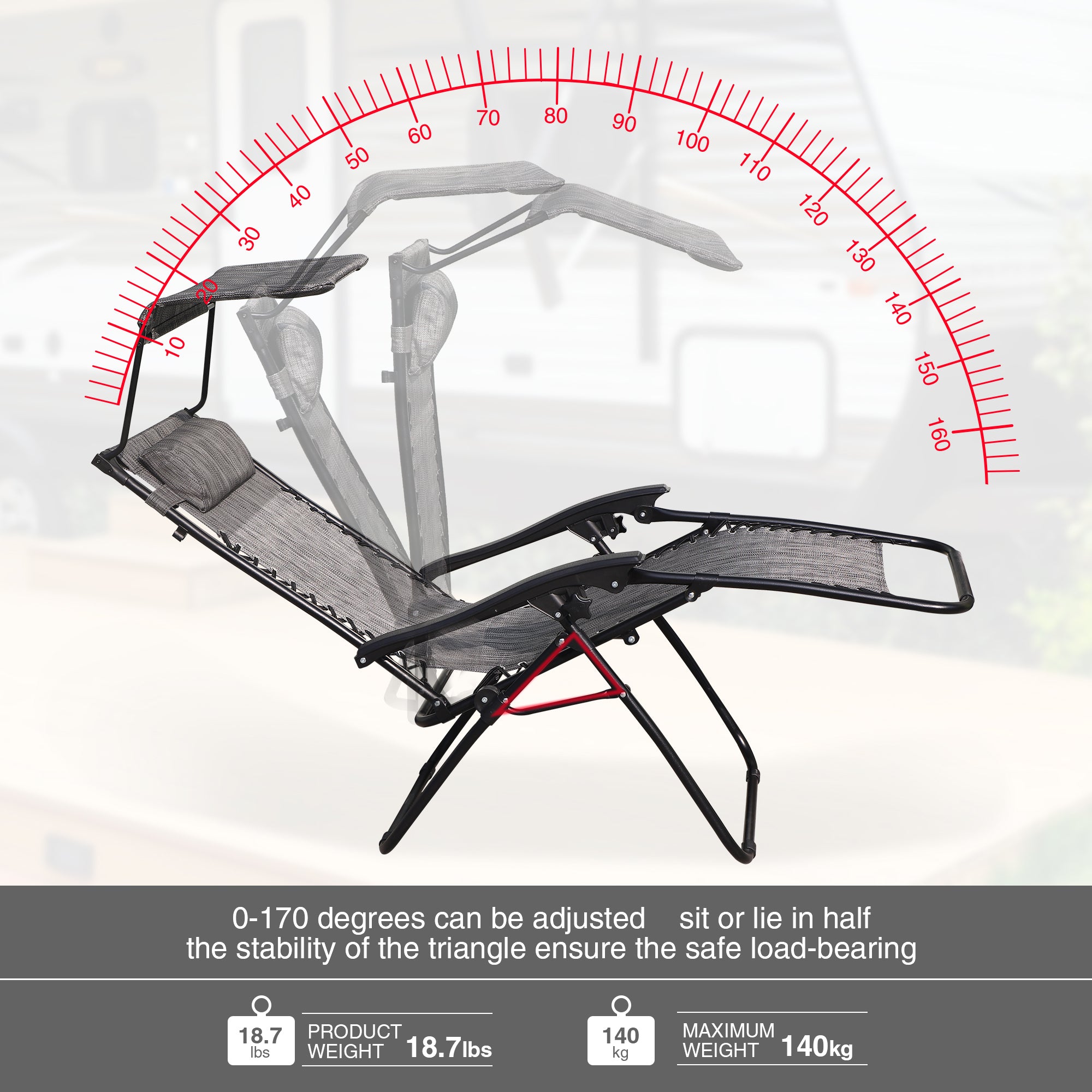 Lounge Chair Adjustable Recliner w Pillow Outdoor Camp grey-steel