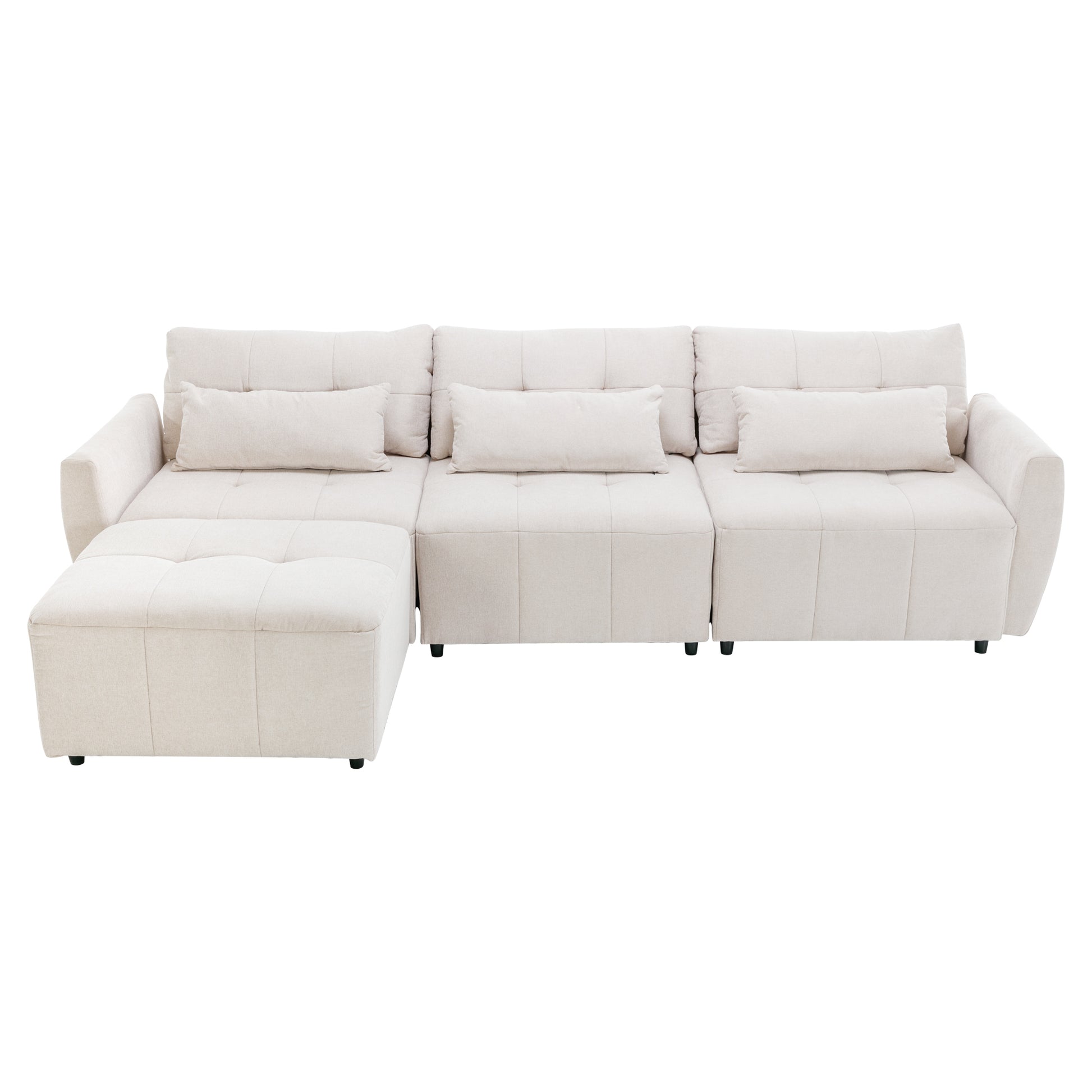 113.3" Convertible Sectional Sofa Couch 3 Seat L Shaped Sofa With Movable Ottoman And Usb For Apartment, Living Room, Bedroom, Beige Beige Chenille 3 Seat