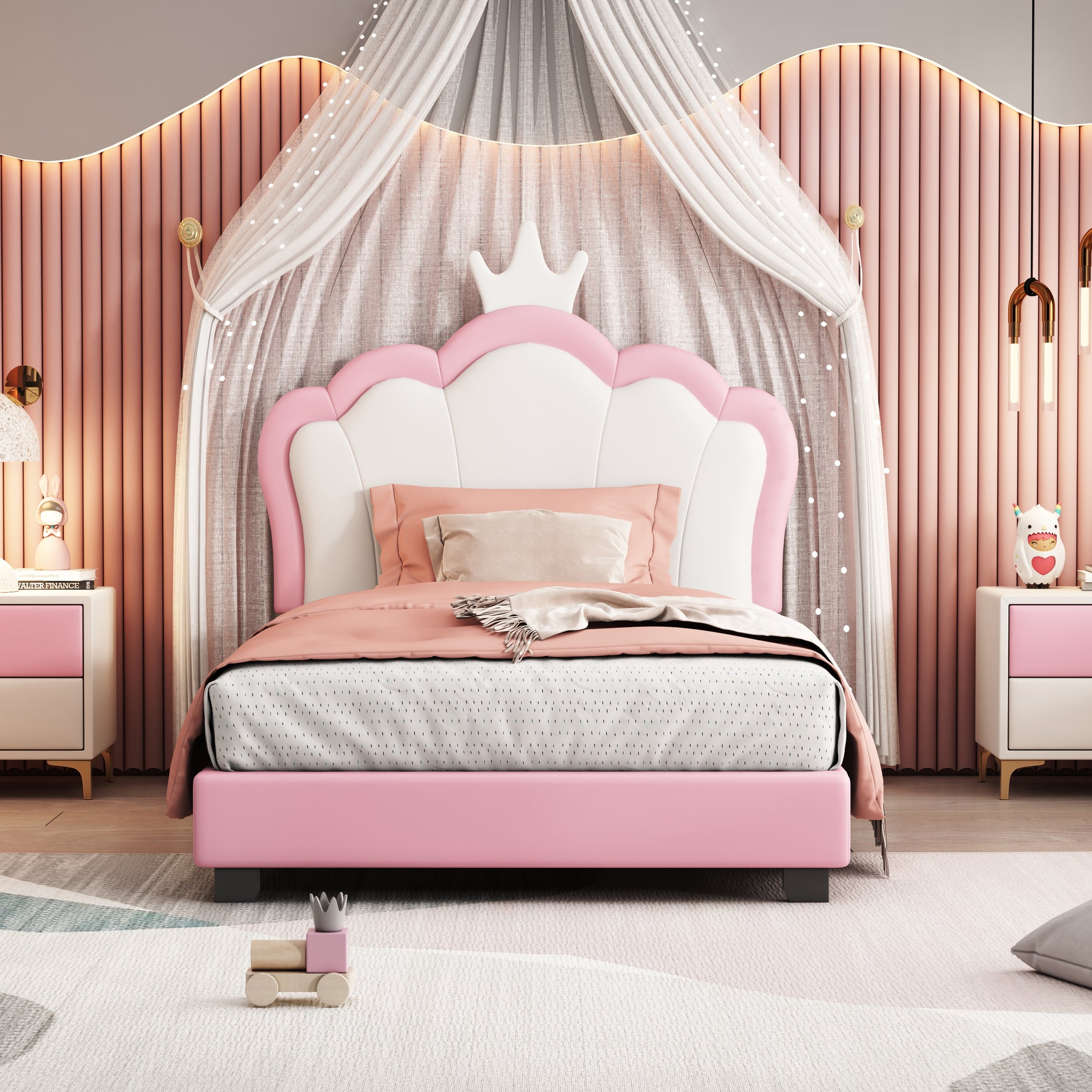 Twin Size Upholstered Princess Bed With Crown Headboard,Twin Size Platform Bed With Headboard And Footboard,White Pink Pink Pu