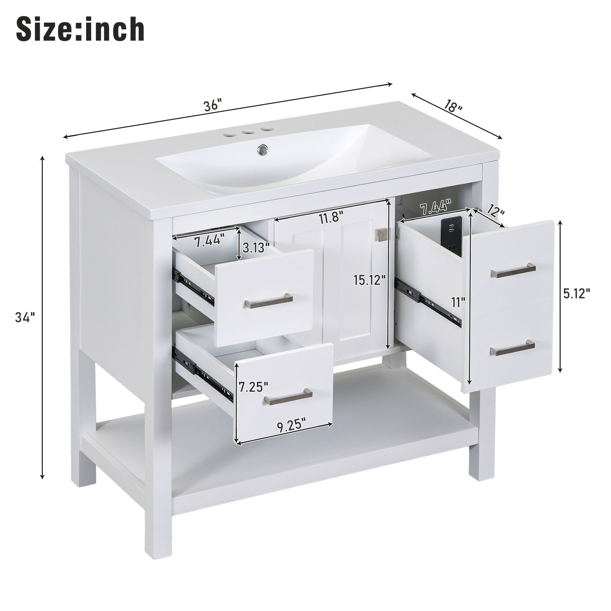 36" White Modern Bathroom Vanity With Usb,Two Shallow Drawers, One Deep Drawer,One Door,Single Resin Sink,Small Bathroom Organization Cabinet White Solid Wood Mdf Resin