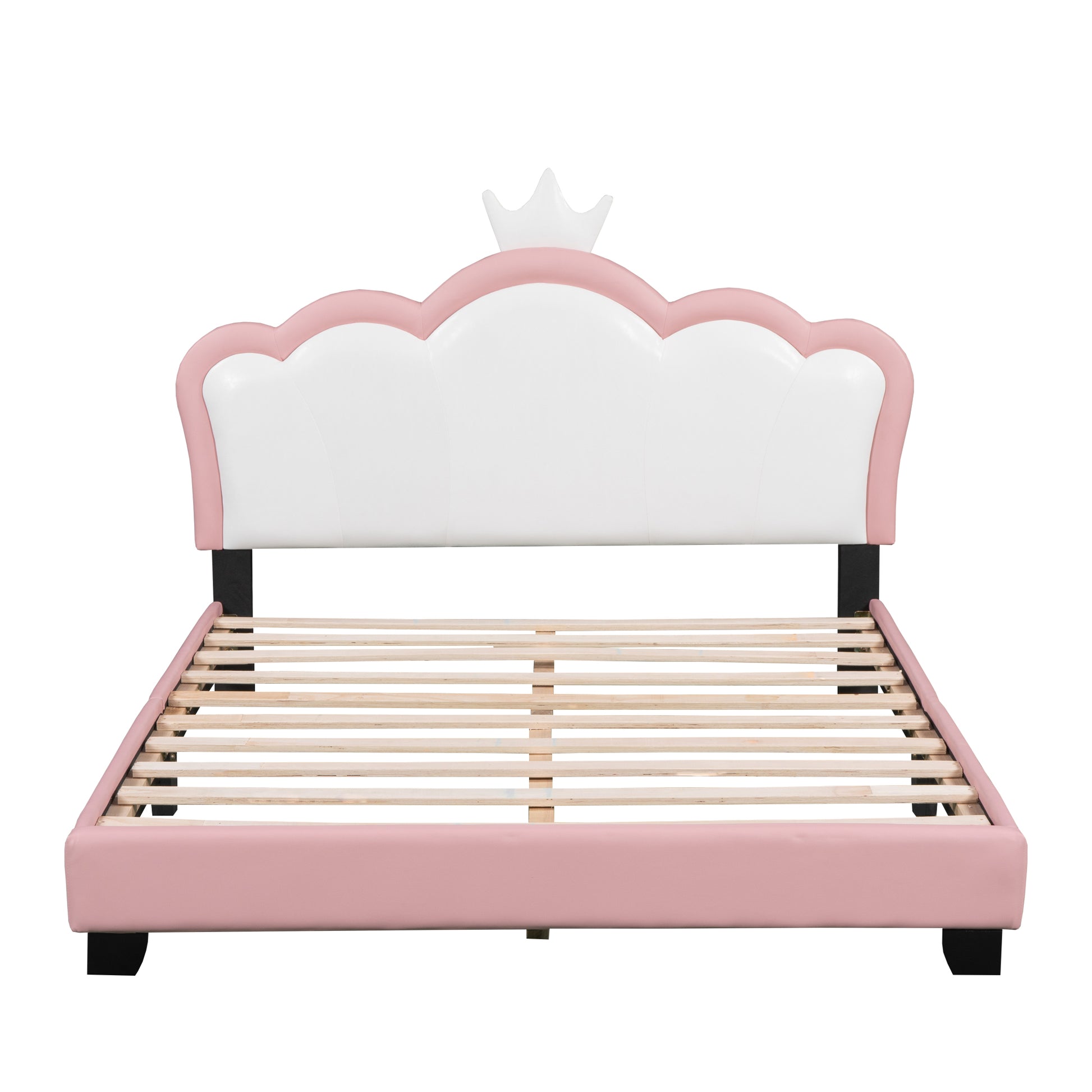 Full Size Upholstered Princess Bed With Crown Headboard,Full Size Platform Bed With Headboard And Footboard,White Pink Pink Pu