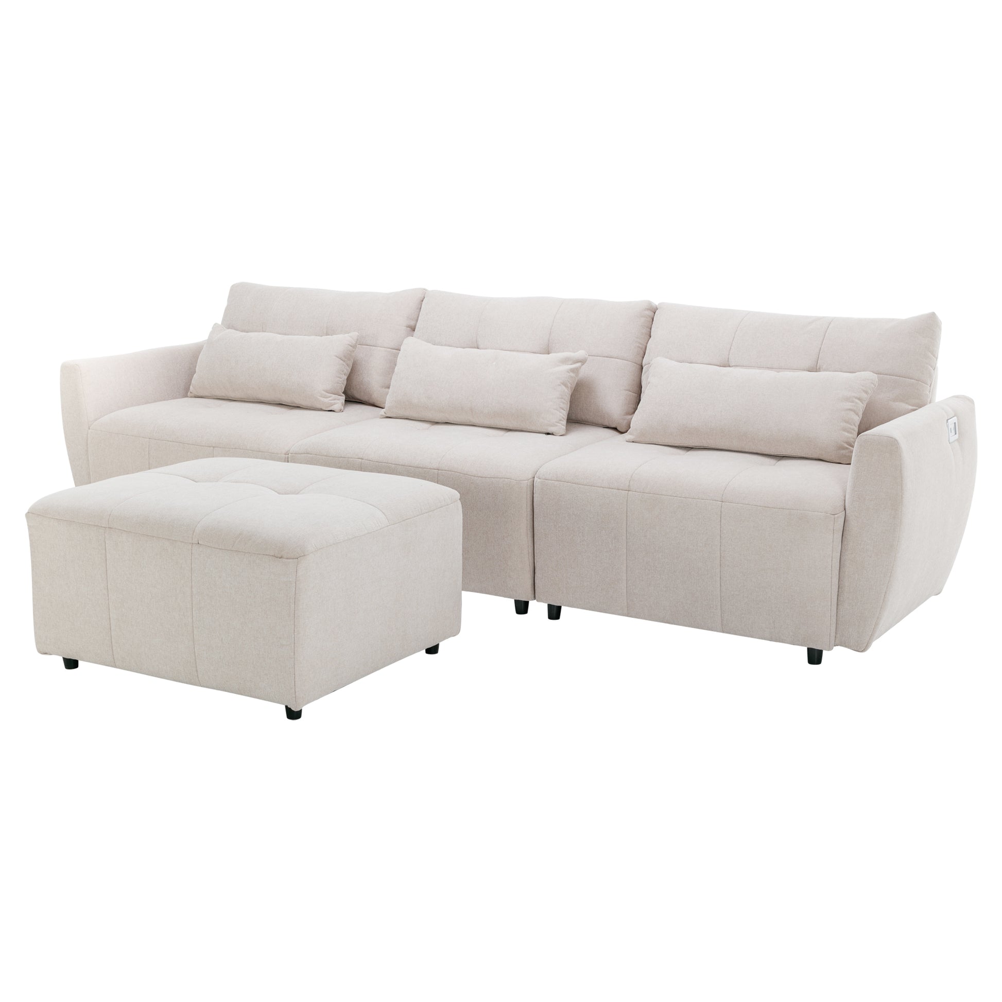 113.3" Convertible Sectional Sofa Couch 3 Seat L Shaped Sofa With Movable Ottoman And Usb For Apartment, Living Room, Bedroom, Beige Beige Chenille 3 Seat