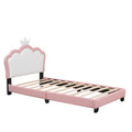 Twin Size Upholstered Princess Bed With Crown Headboard,Twin Size Platform Bed With Headboard And Footboard,White Pink Pink Pu