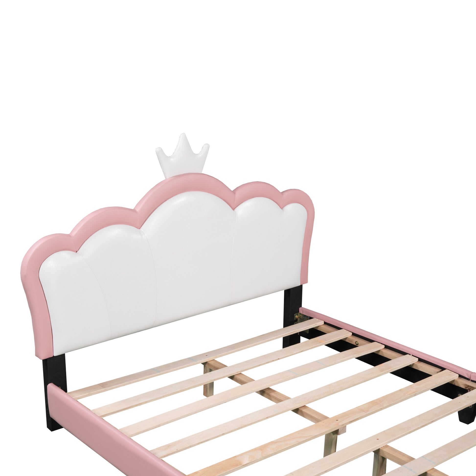 Full Size Upholstered Princess Bed With Crown Headboard,Full Size Platform Bed With Headboard And Footboard,White Pink Pink Pu