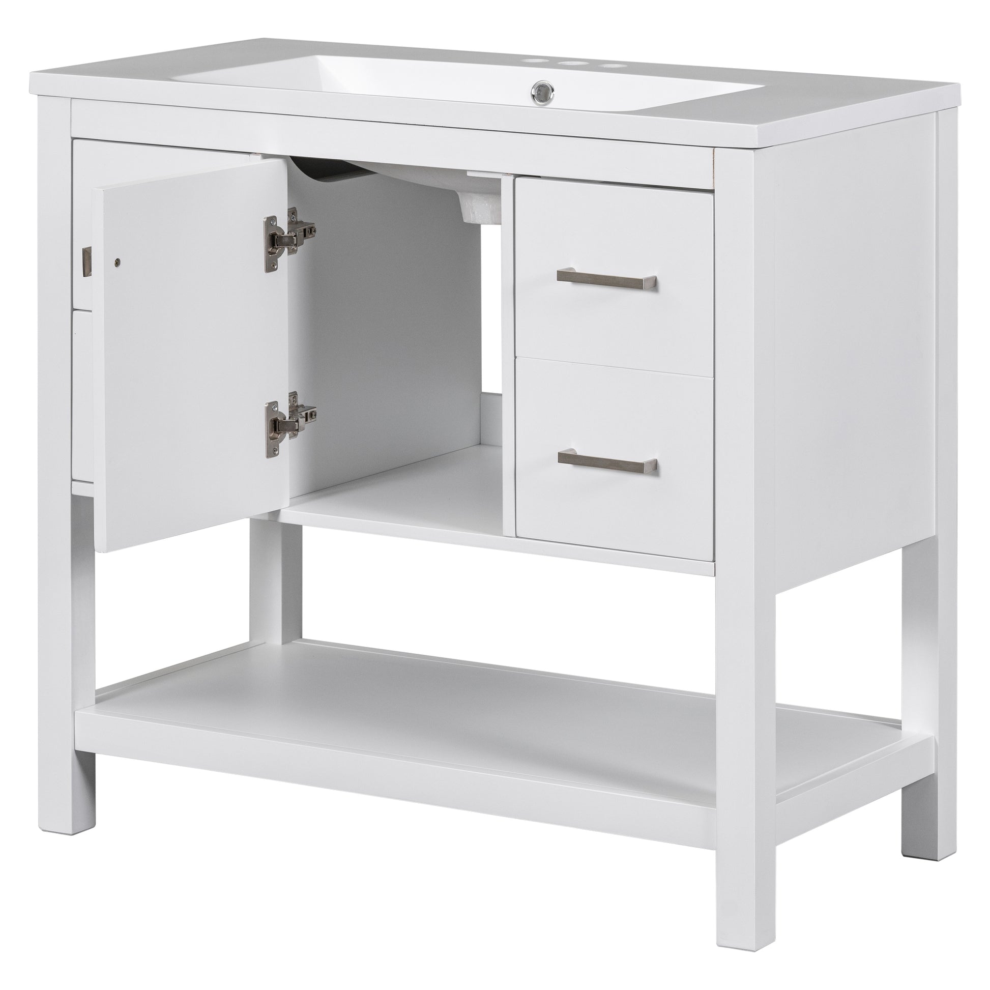 36" White Modern Bathroom Vanity With Usb,Two Shallow Drawers, One Deep Drawer,One Door,Single Resin Sink,Small Bathroom Organization Cabinet White Solid Wood Mdf Resin