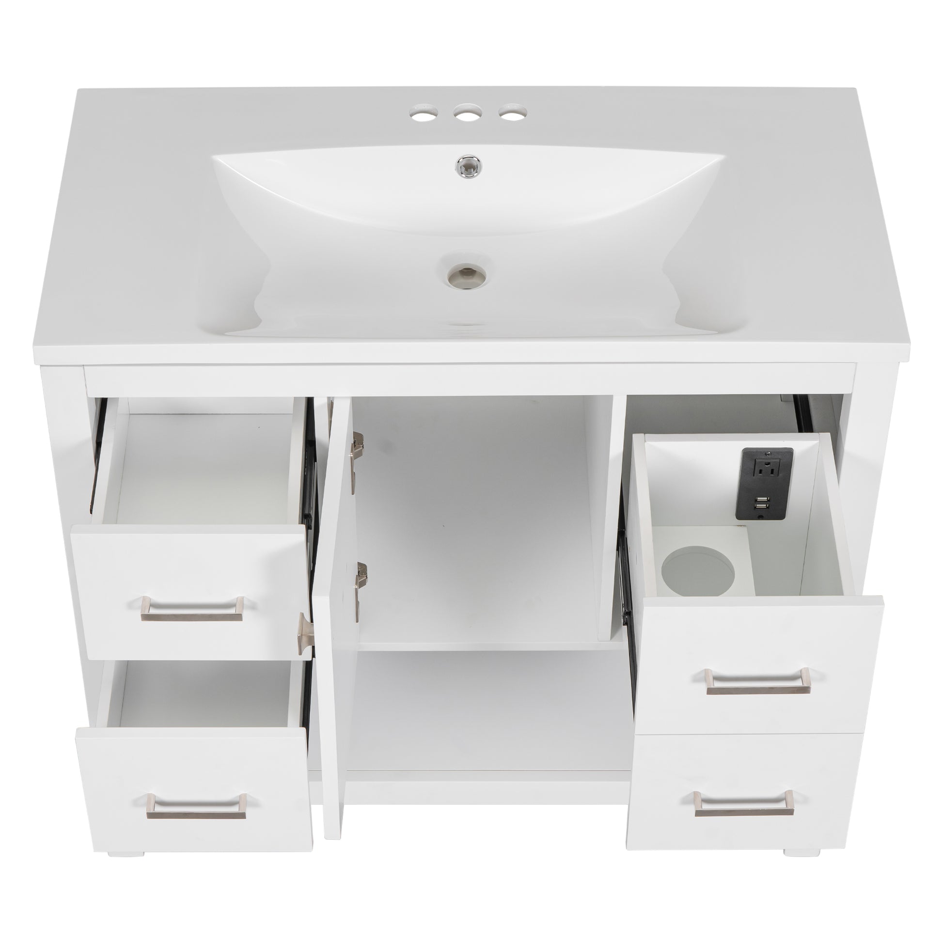 36" White Modern Bathroom Vanity With Usb,Two Shallow Drawers, One Deep Drawer,One Door,Single Resin Sink,Small Bathroom Organization Cabinet White Solid Wood Mdf Resin