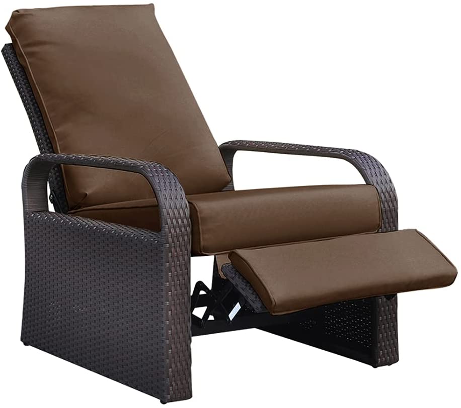 Outdoor Garden Recliner, Automatic Adjustable Wicker Lounge Recliner Chair With Comfy Thicken Cushion, All Weather Aluminum Frame, Brown Yes Lounge Brown Rust Resistant Frame Fade Resistant Cushion Garden & Outdoor Classic Complete Patio Sets Aluminium