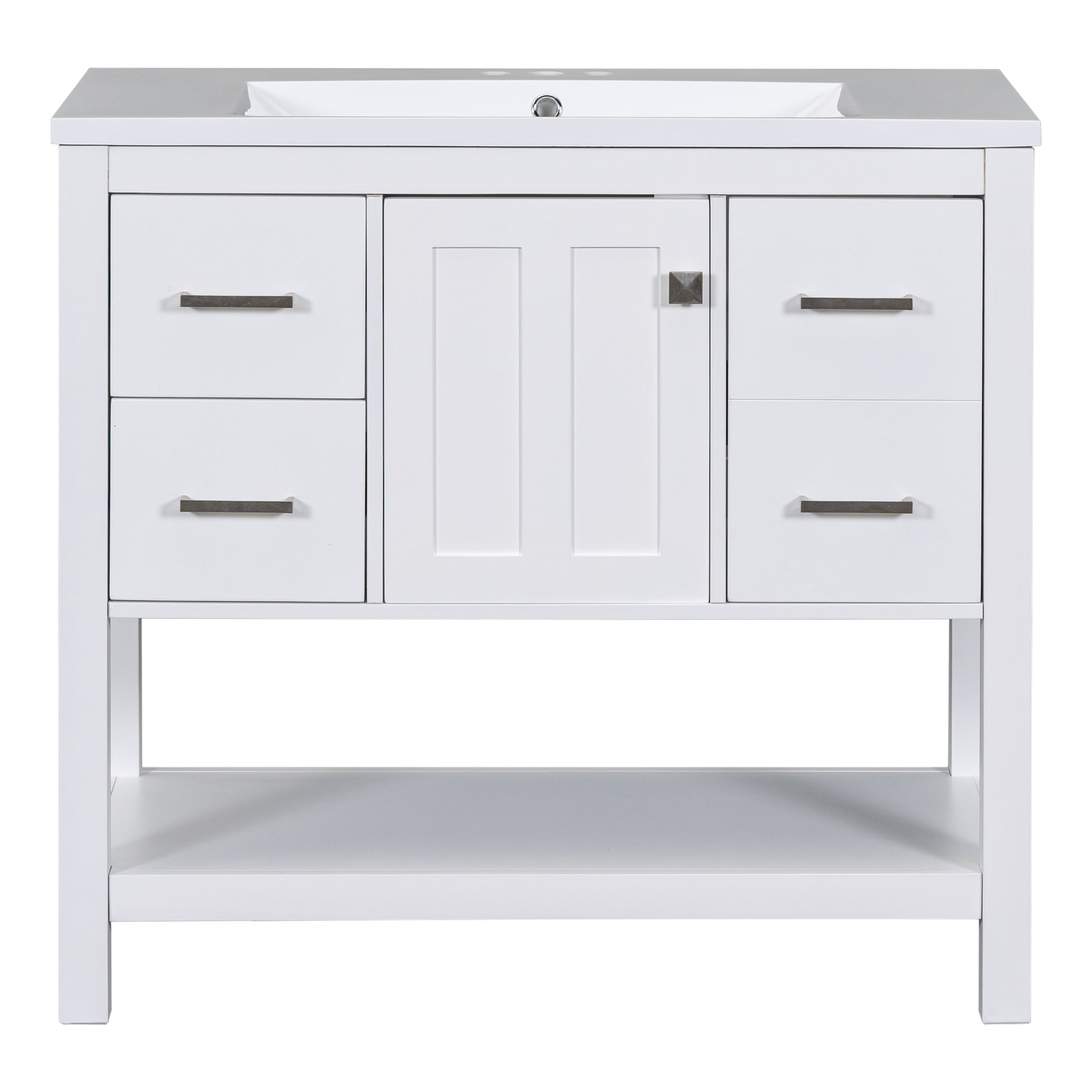 36" White Modern Bathroom Vanity With Usb,Two Shallow Drawers, One Deep Drawer,One Door,Single Resin Sink,Small Bathroom Organization Cabinet White Solid Wood Mdf Resin