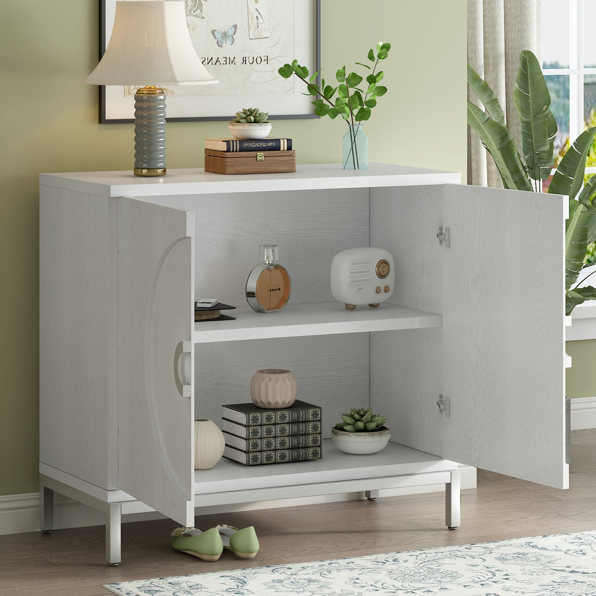 Simple Storage Cabinet Accent Cabinet With Solid Wood Veneer And Metal Leg Frame For Living Room, Entryway, Dining Room White White Mdf