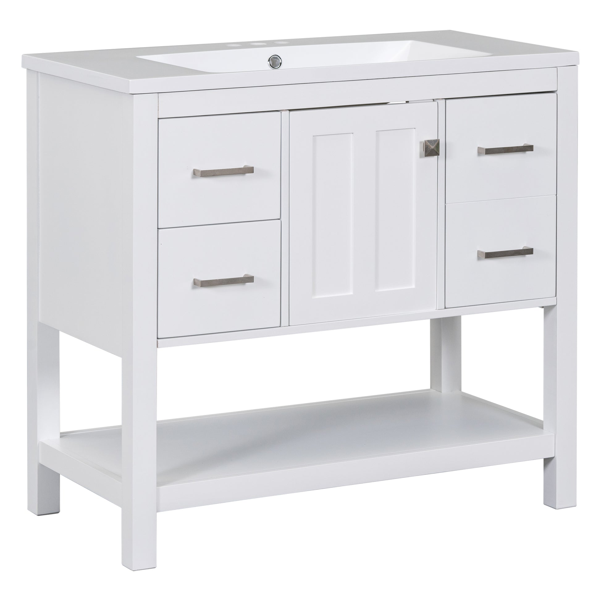 36" White Modern Bathroom Vanity With Usb,Two Shallow Drawers, One Deep Drawer,One Door,Single Resin Sink,Small Bathroom Organization Cabinet White Solid Wood Mdf Resin