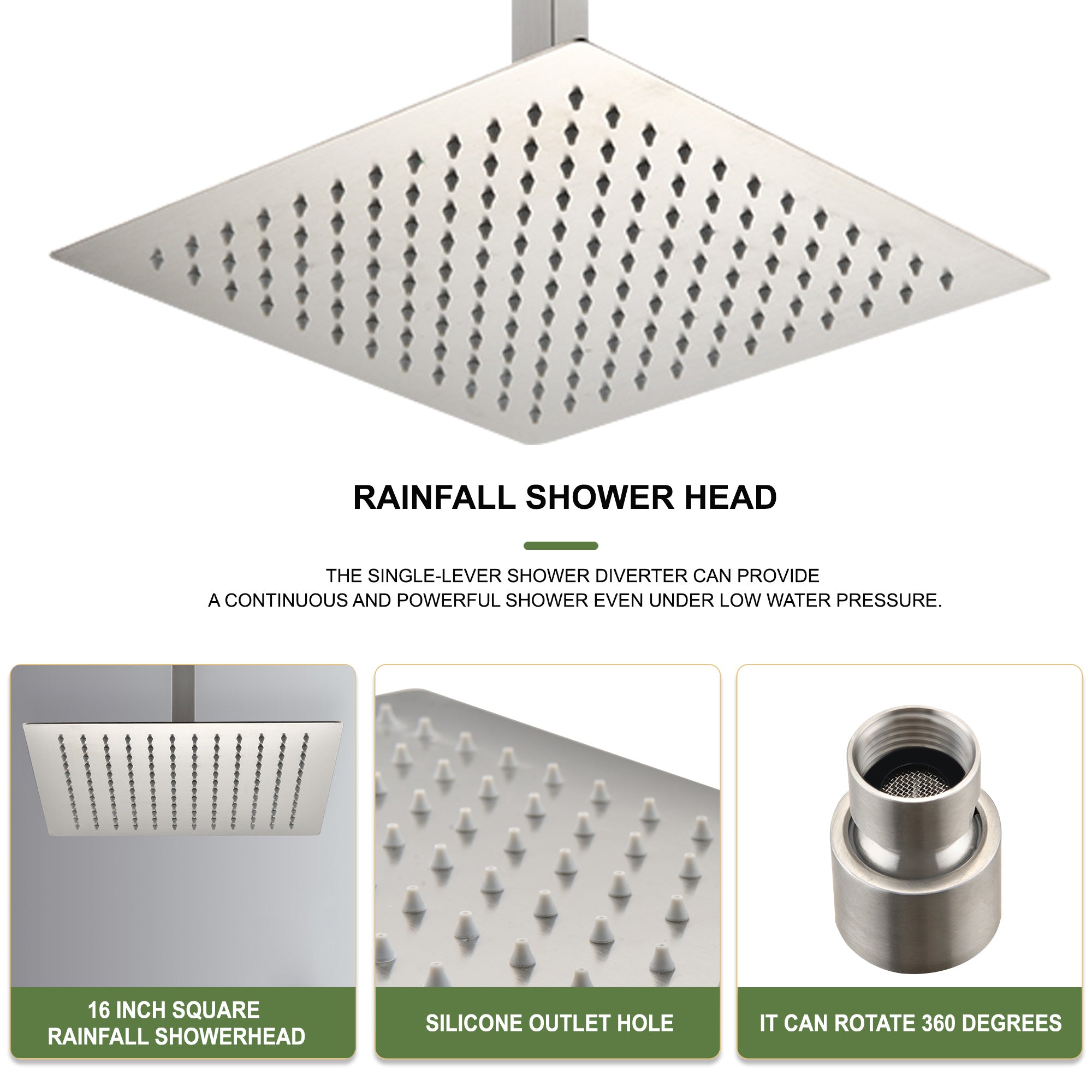 16 Inch Square Rain Shower Head Brushed Nickel 304 Stainless Steel Showerhead Brushed Nickel Stainless Steel