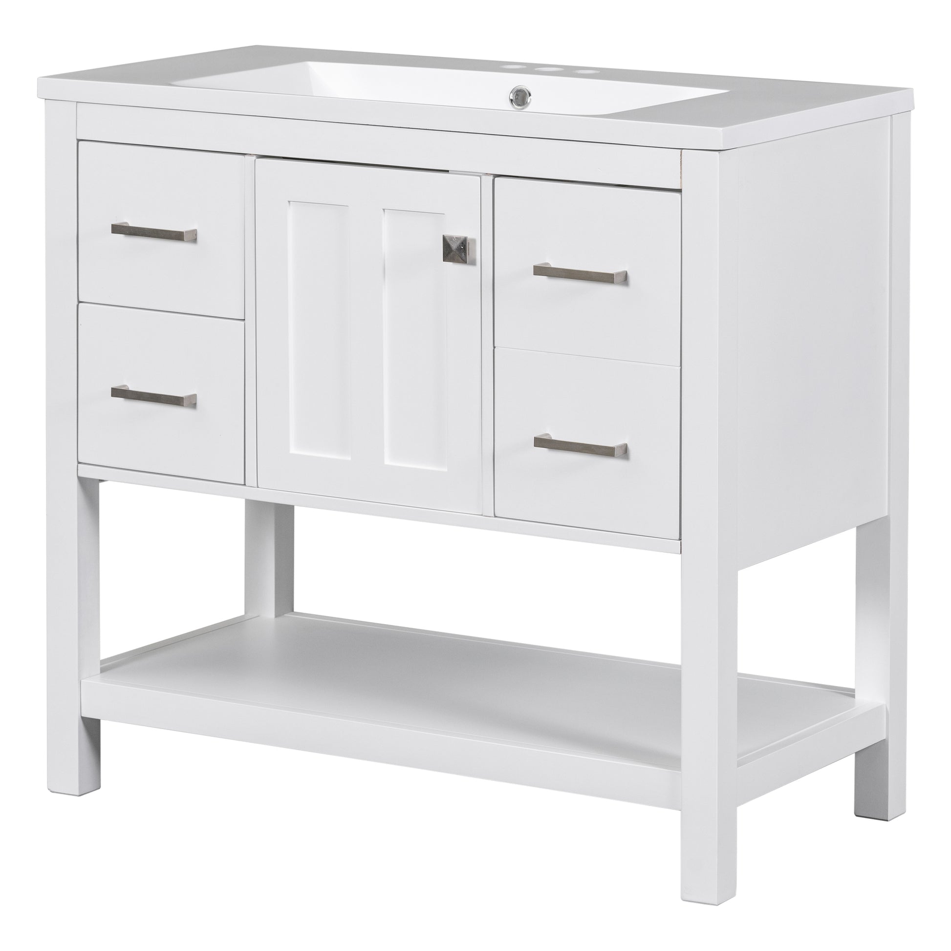 36" White Modern Bathroom Vanity With Usb,Two Shallow Drawers, One Deep Drawer,One Door,Single Resin Sink,Small Bathroom Organization Cabinet White Solid Wood Mdf Resin