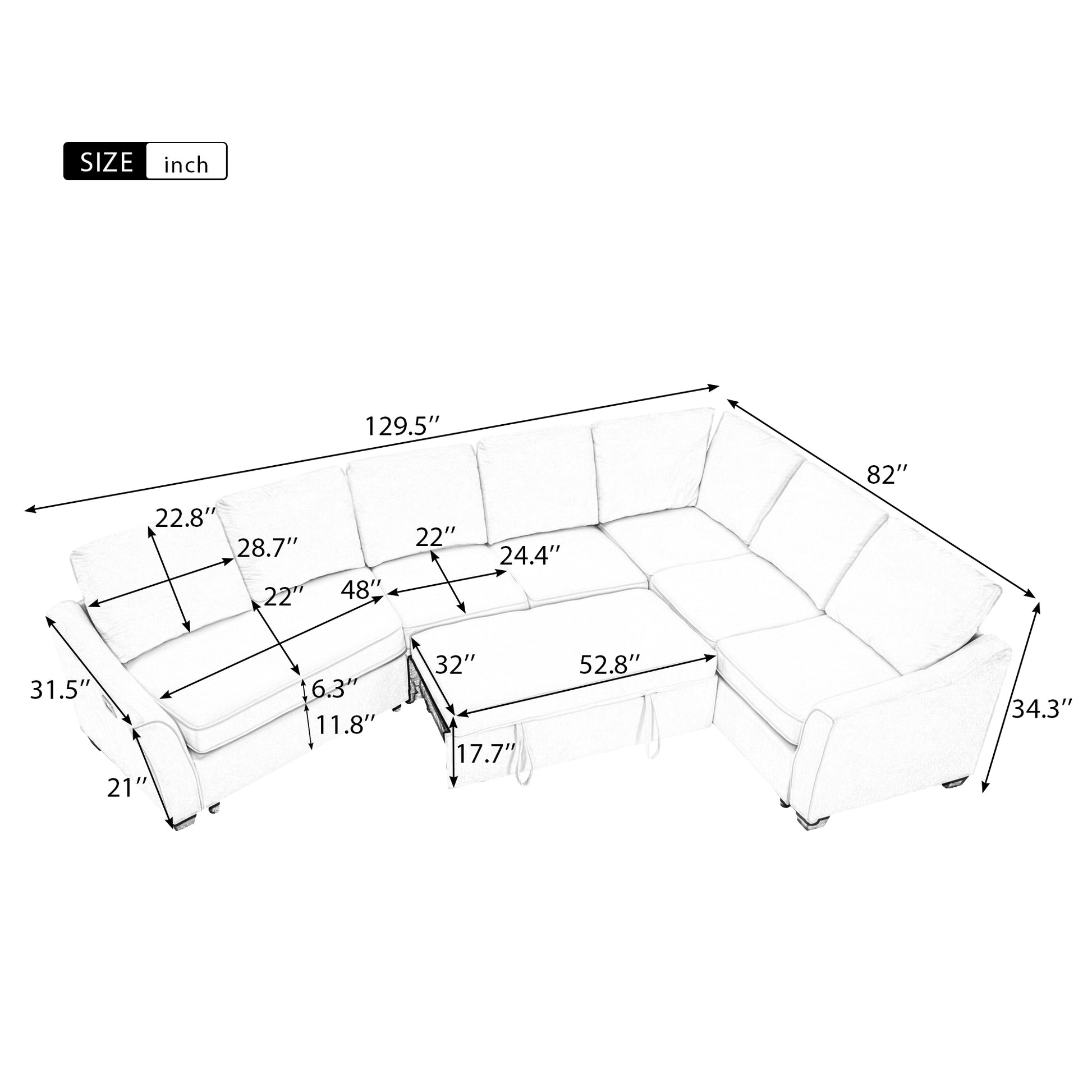 129.5" Sectional Sleeper Sofa With Pull Out Bed Modern L Shape Couch Bed With Usb Charging Port For Living Room, Bedroom, Beige Beige Chenille