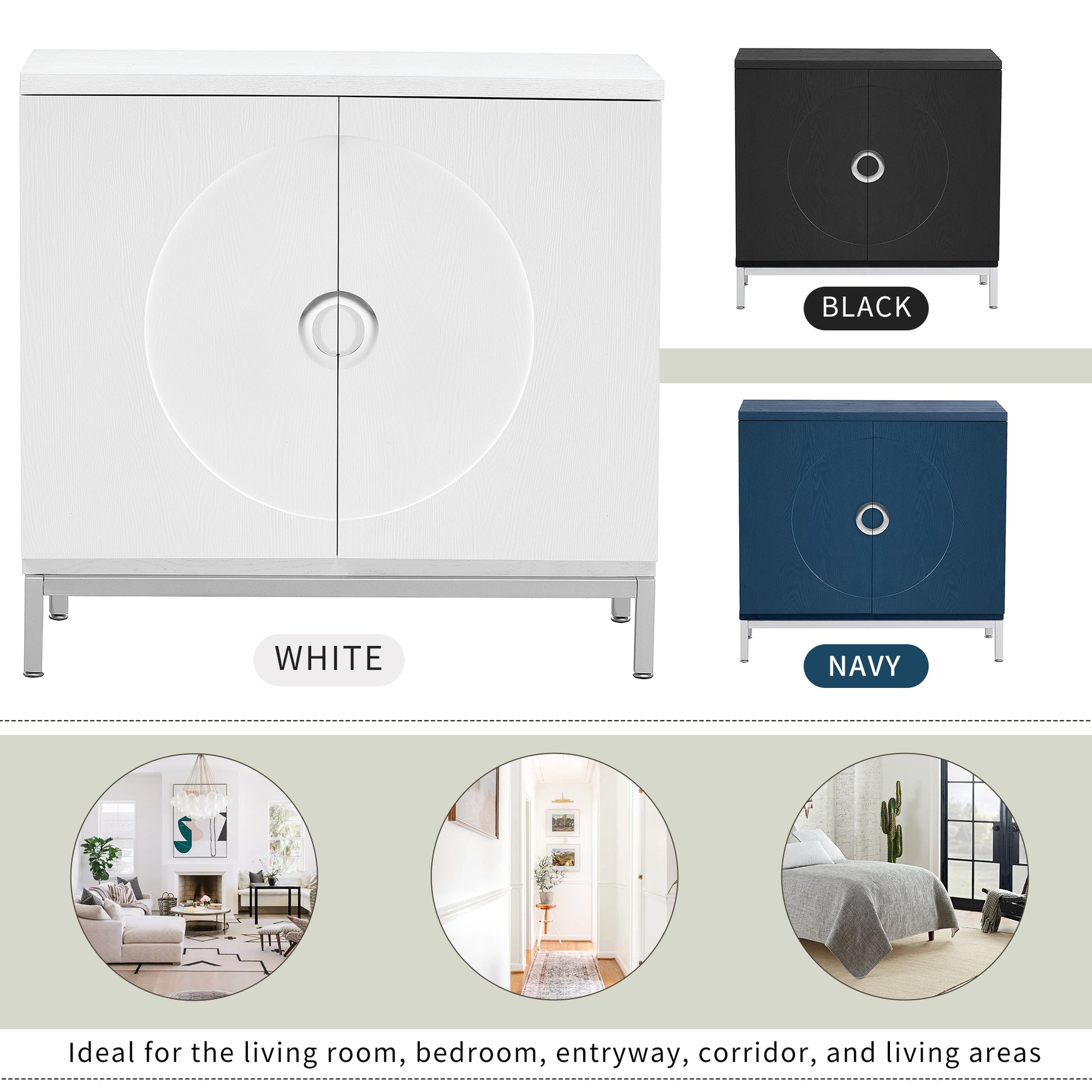 Simple Storage Cabinet Accent Cabinet With Solid Wood Veneer And Metal Leg Frame For Living Room, Entryway, Dining Room White White Mdf