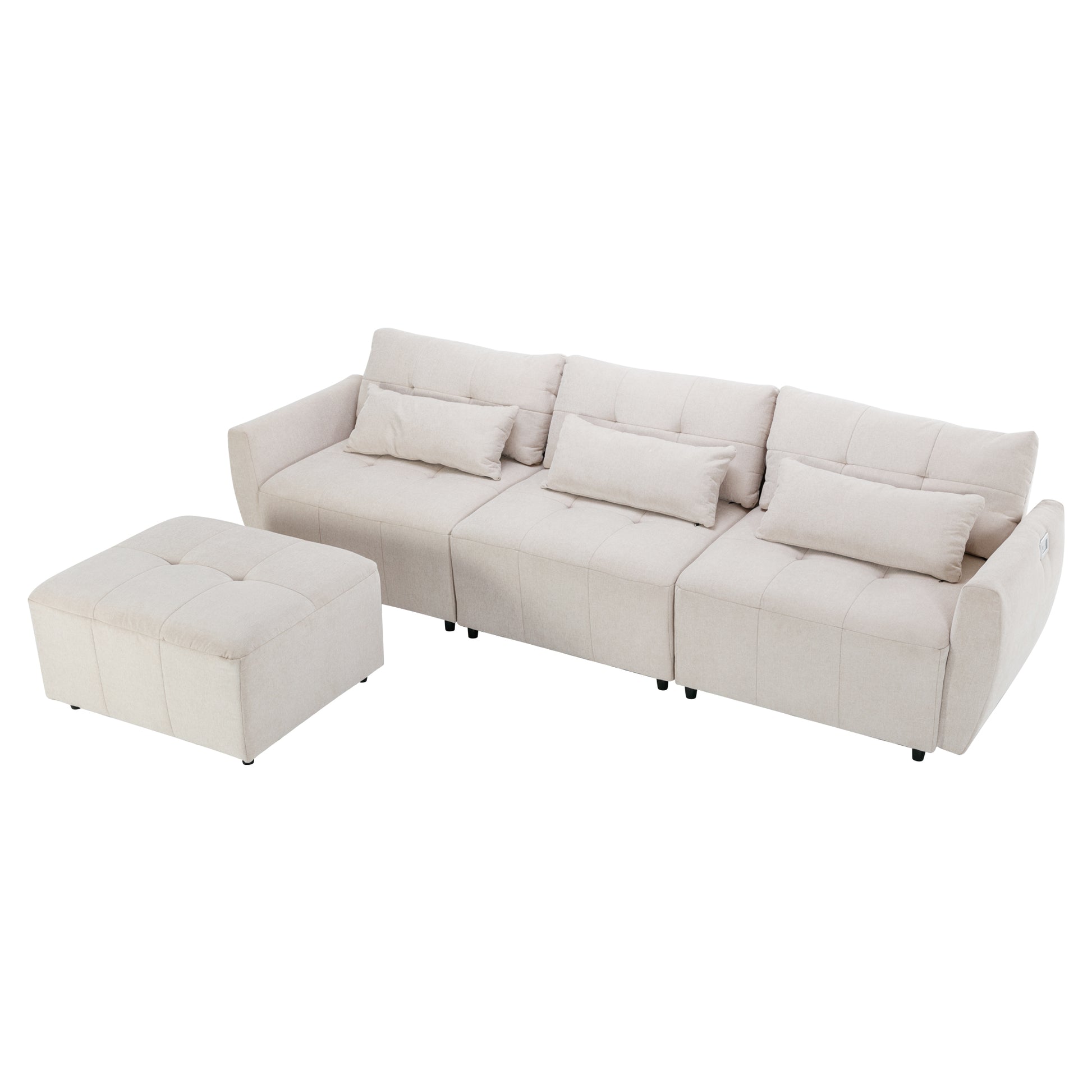 113.3" Convertible Sectional Sofa Couch 3 Seat L Shaped Sofa With Movable Ottoman And Usb For Apartment, Living Room, Bedroom, Beige Beige Chenille 3 Seat