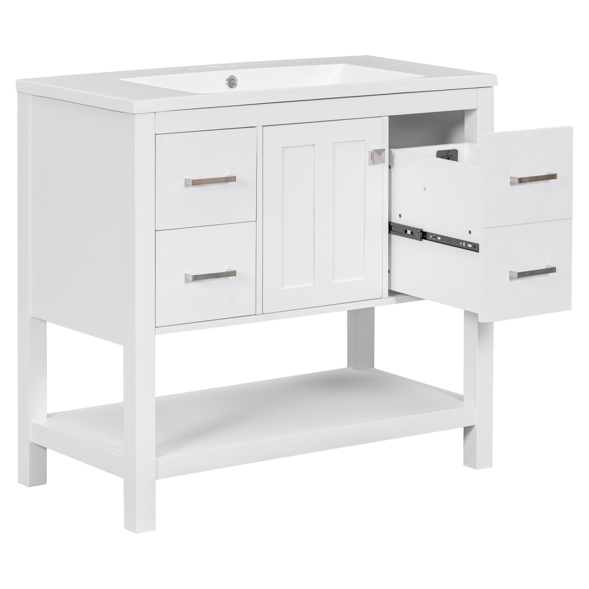 36" White Modern Bathroom Vanity With Usb,Two Shallow Drawers, One Deep Drawer,One Door,Single Resin Sink,Small Bathroom Organization Cabinet White Solid Wood Mdf Resin