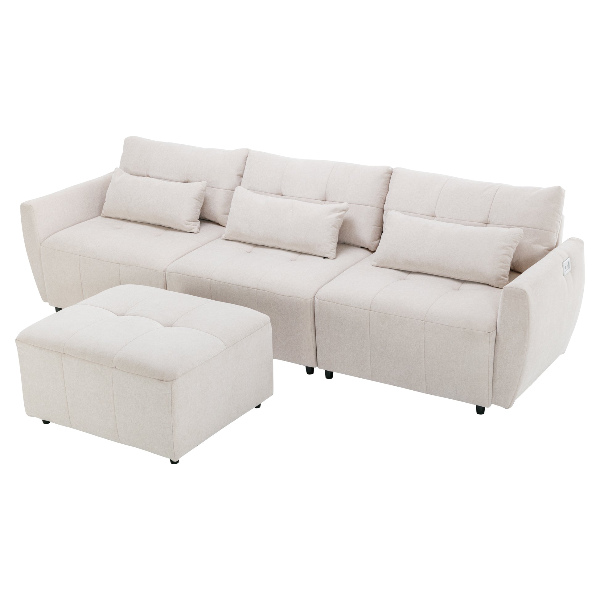 113.3" Convertible Sectional Sofa Couch 3 Seat L Shaped Sofa With Movable Ottoman And Usb For Apartment, Living Room, Bedroom, Beige Beige Chenille 3 Seat