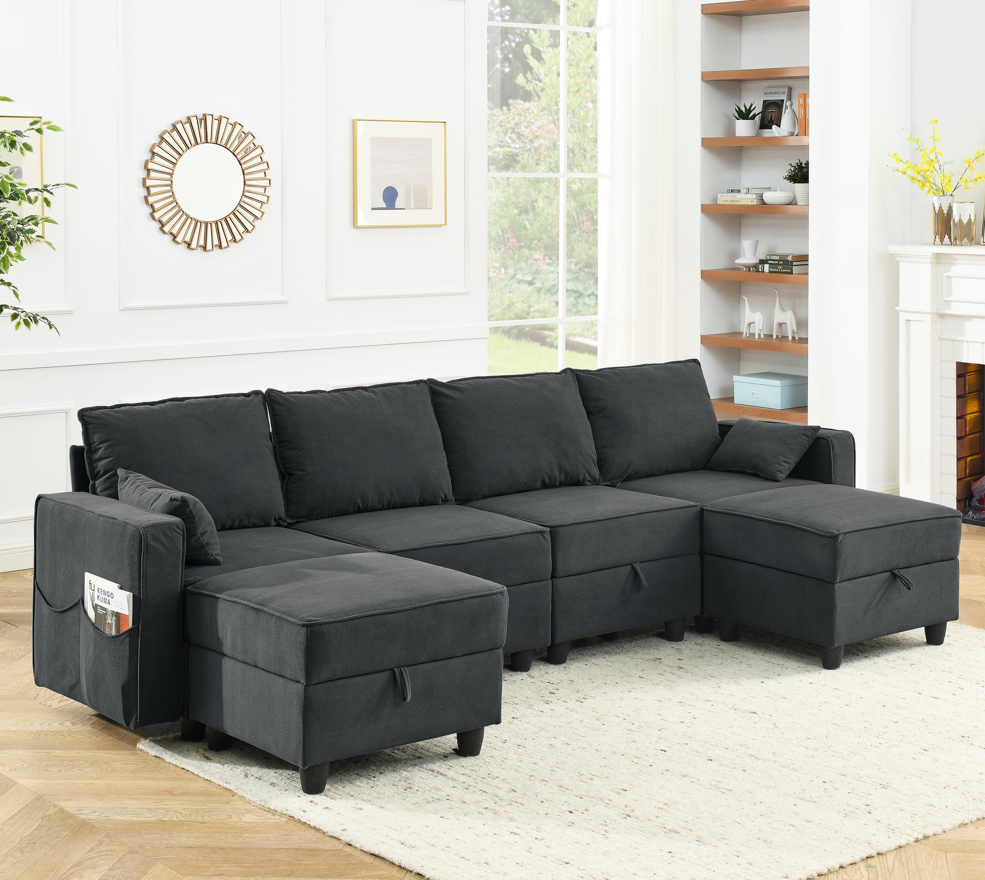 Middle Seat Of Module Sofa Without Armrest, Gray Corduroy Velvet Navy Corduroy