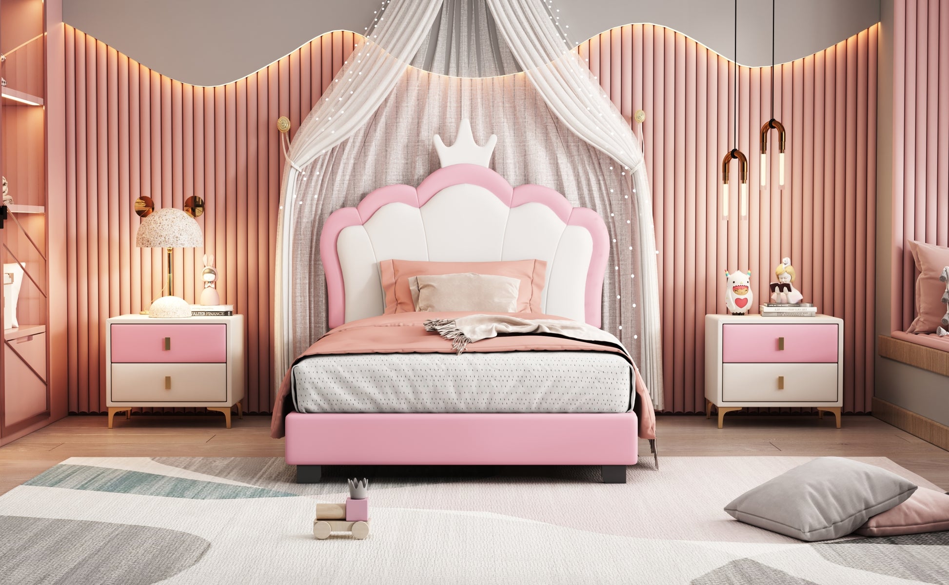 Twin Size Upholstered Princess Bed With Crown Headboard,Twin Size Platform Bed With Headboard And Footboard,White Pink Pink Pu