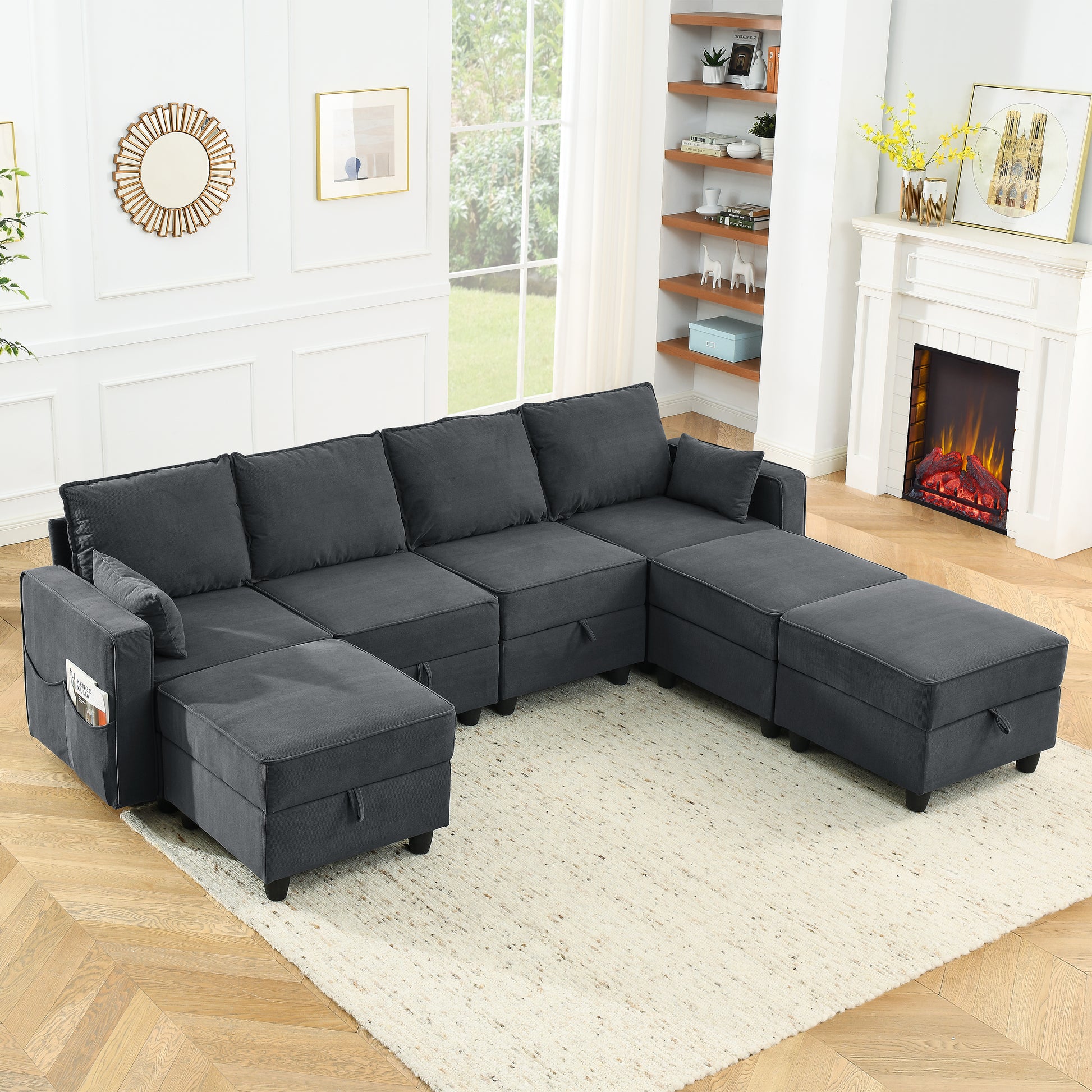 Middle Seat Of Module Sofa Without Armrest, Gray Corduroy Velvet Navy Corduroy