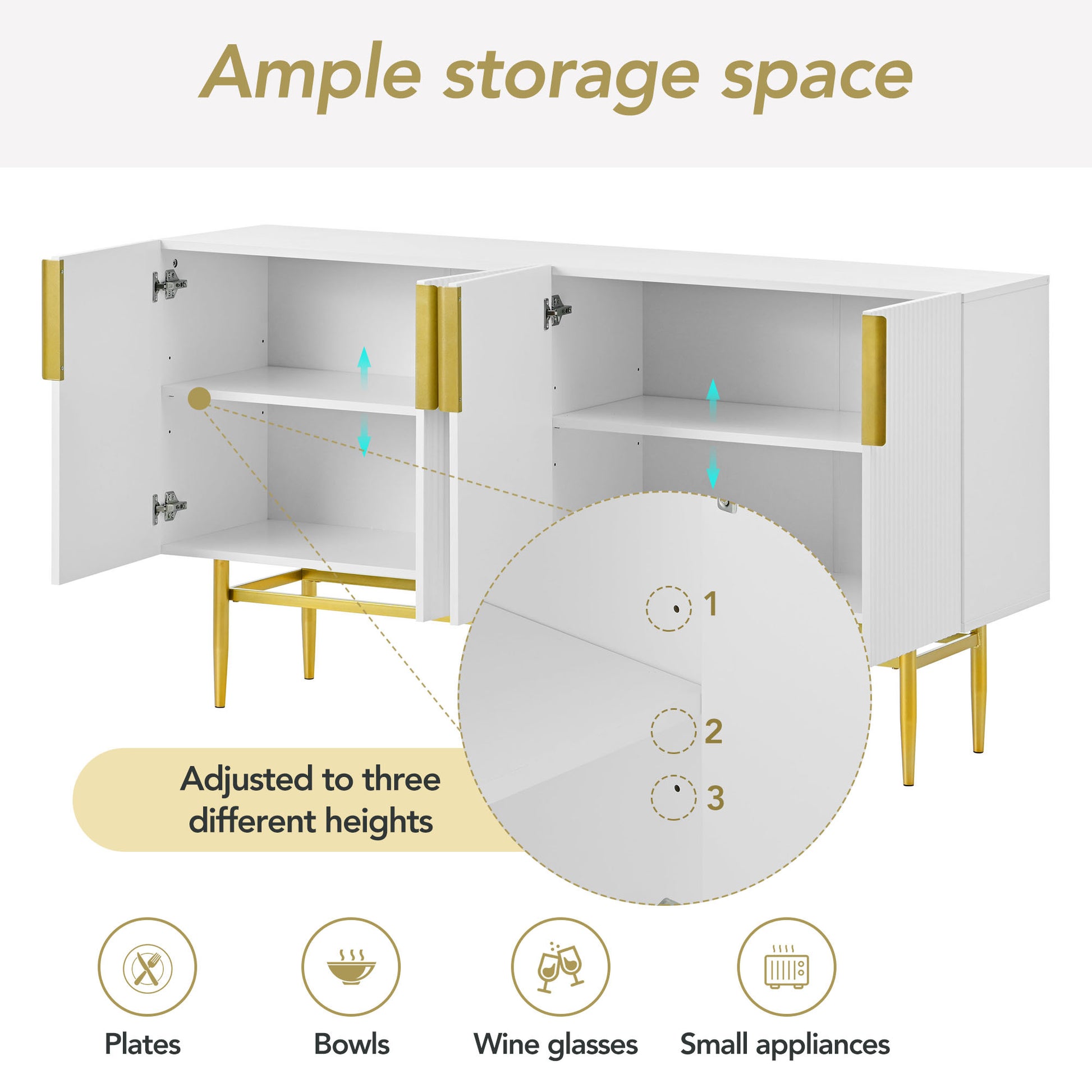 Modern Elegant 4 door Sideboard Gold Metal white-particle board