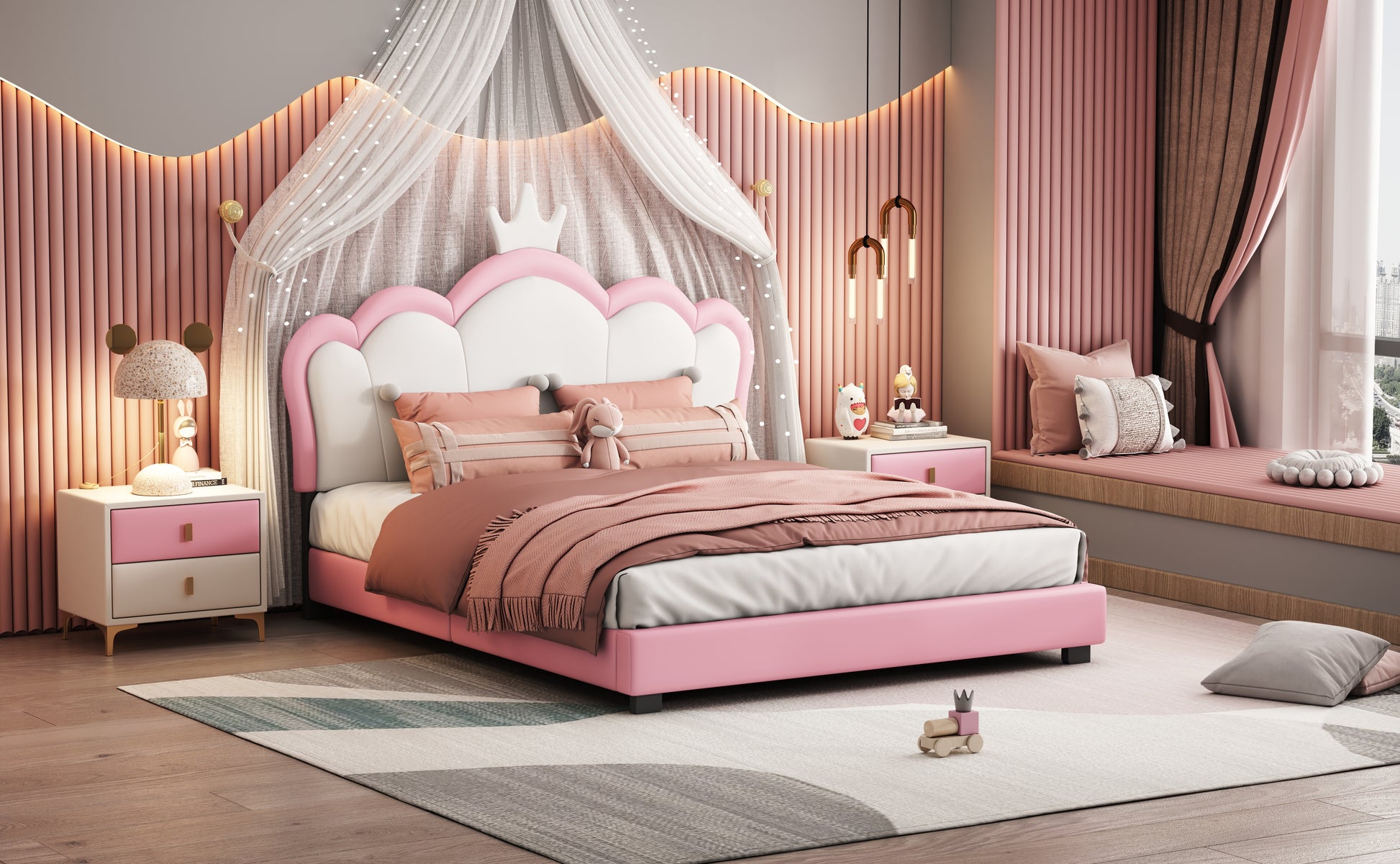 Full Size Upholstered Princess Bed With Crown Headboard,Full Size Platform Bed With Headboard And Footboard,White Pink Pink Pu