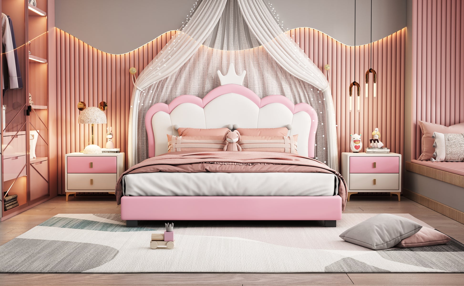 Full Size Upholstered Princess Bed With Crown Headboard,Full Size Platform Bed With Headboard And Footboard,White Pink Pink Pu