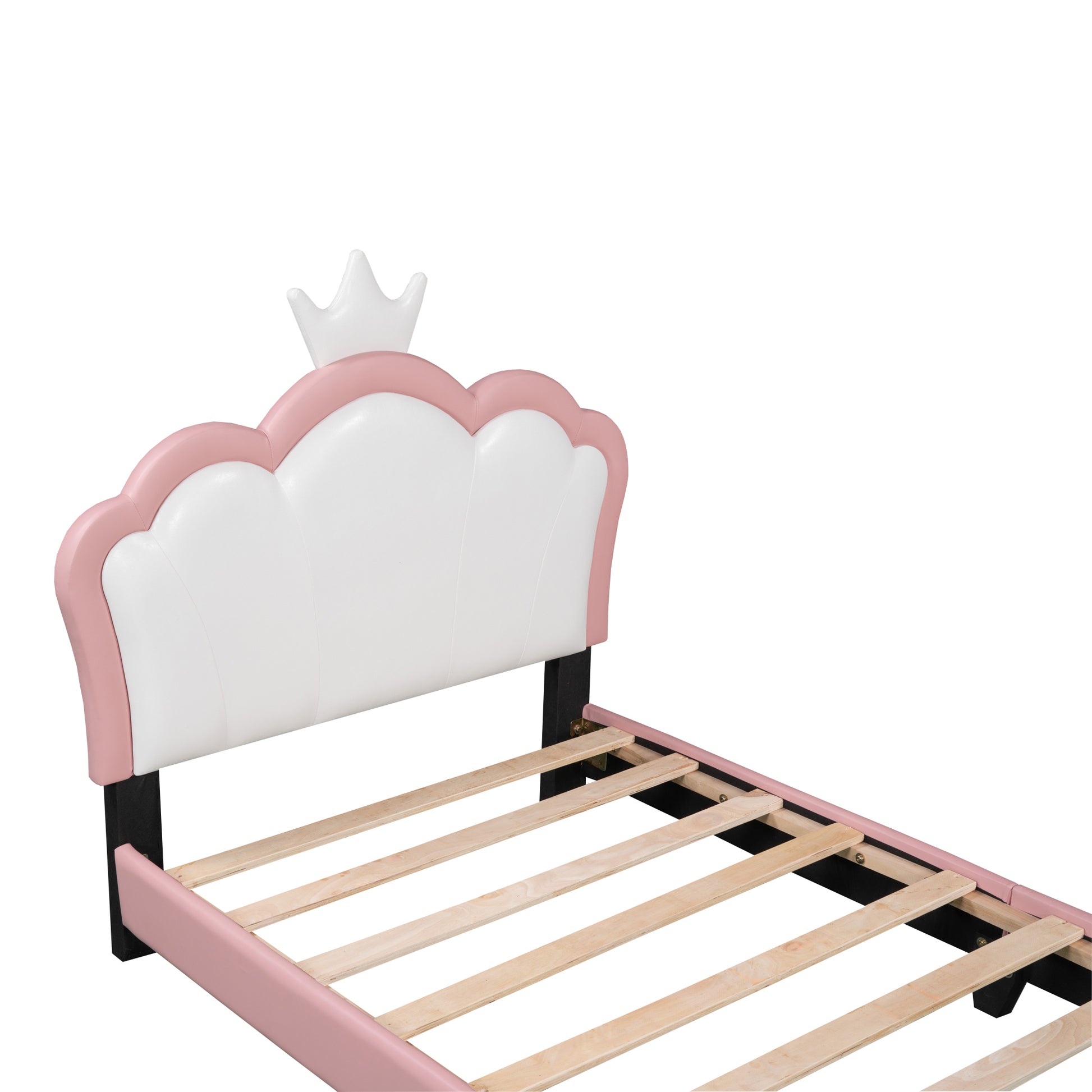 Twin Size Upholstered Princess Bed With Crown Headboard,Twin Size Platform Bed With Headboard And Footboard,White Pink Pink Pu