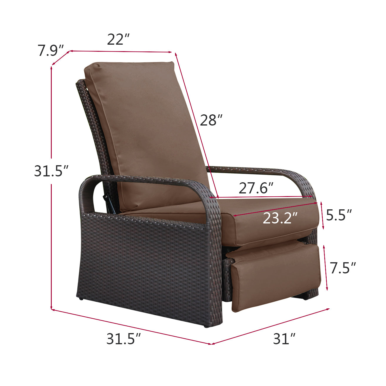 Outdoor Garden Recliner, Automatic Adjustable Wicker Lounge Recliner Chair With Comfy Thicken Cushion, All Weather Aluminum Frame, Brown Yes Lounge Brown Rust Resistant Frame Fade Resistant Cushion Garden & Outdoor Classic Complete Patio Sets Aluminium