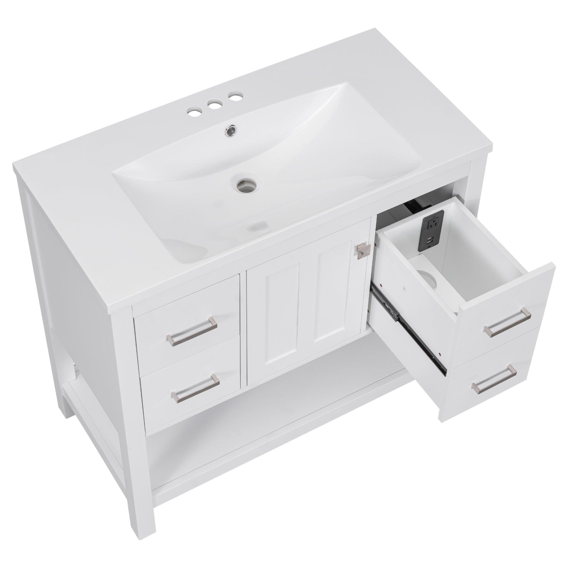 36" White Modern Bathroom Vanity With Usb,Two Shallow Drawers, One Deep Drawer,One Door,Single Resin Sink,Small Bathroom Organization Cabinet White Solid Wood Mdf Resin