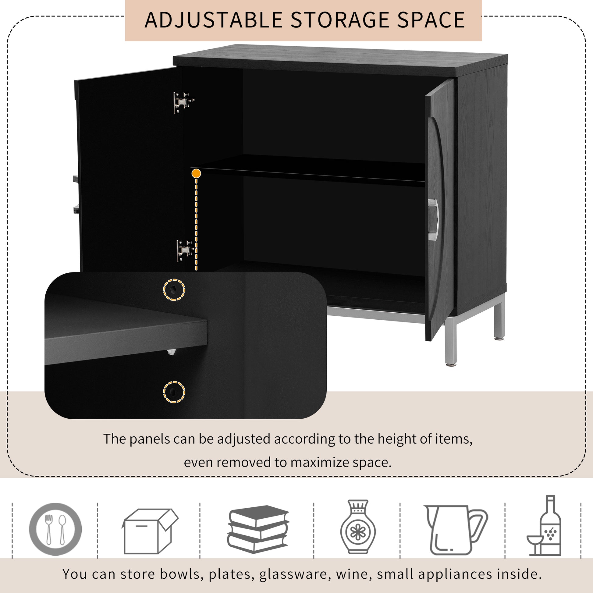 Simple Storage Cabinet Accent Cabinet With Solid Wood Veneer And Metal Leg Frame For Living Room, Entryway, Dining Room Black Black Mdf