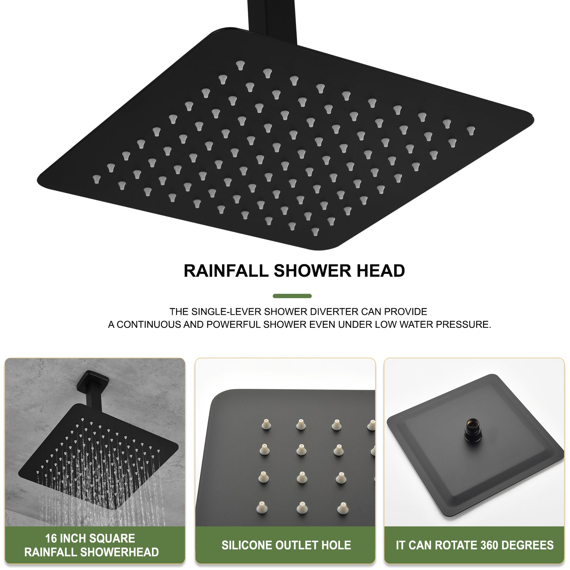 16 Inch Square Rain Shower Head Matte Black 304 Stainless Steel Showerhead Matte Black Stainless Steel