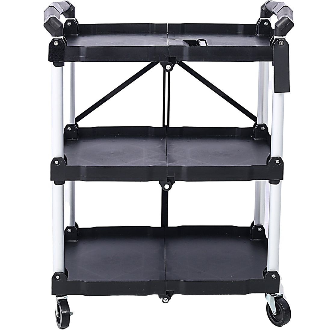 3 Layers Folding Collapsible Service Cart Pack N Roll Folding Collapsible Service Cart, Black, 50 Lb. Load Capacity Per Shelf Black And Silver Iron Plastic