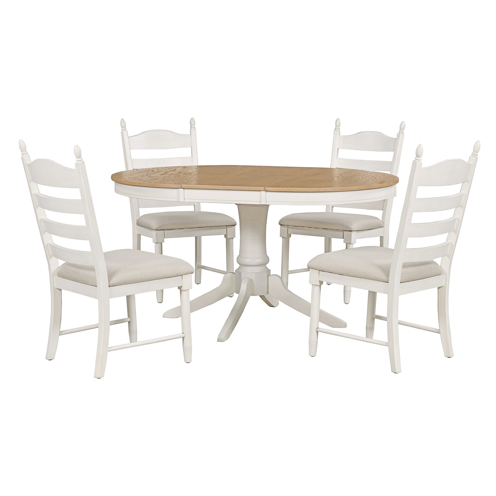 5 Piece Retro Functional Dining Table Set Wood Round Extendable Dining Table And 4 Upholstered Dining Chairs Off White Off White Solid Wood