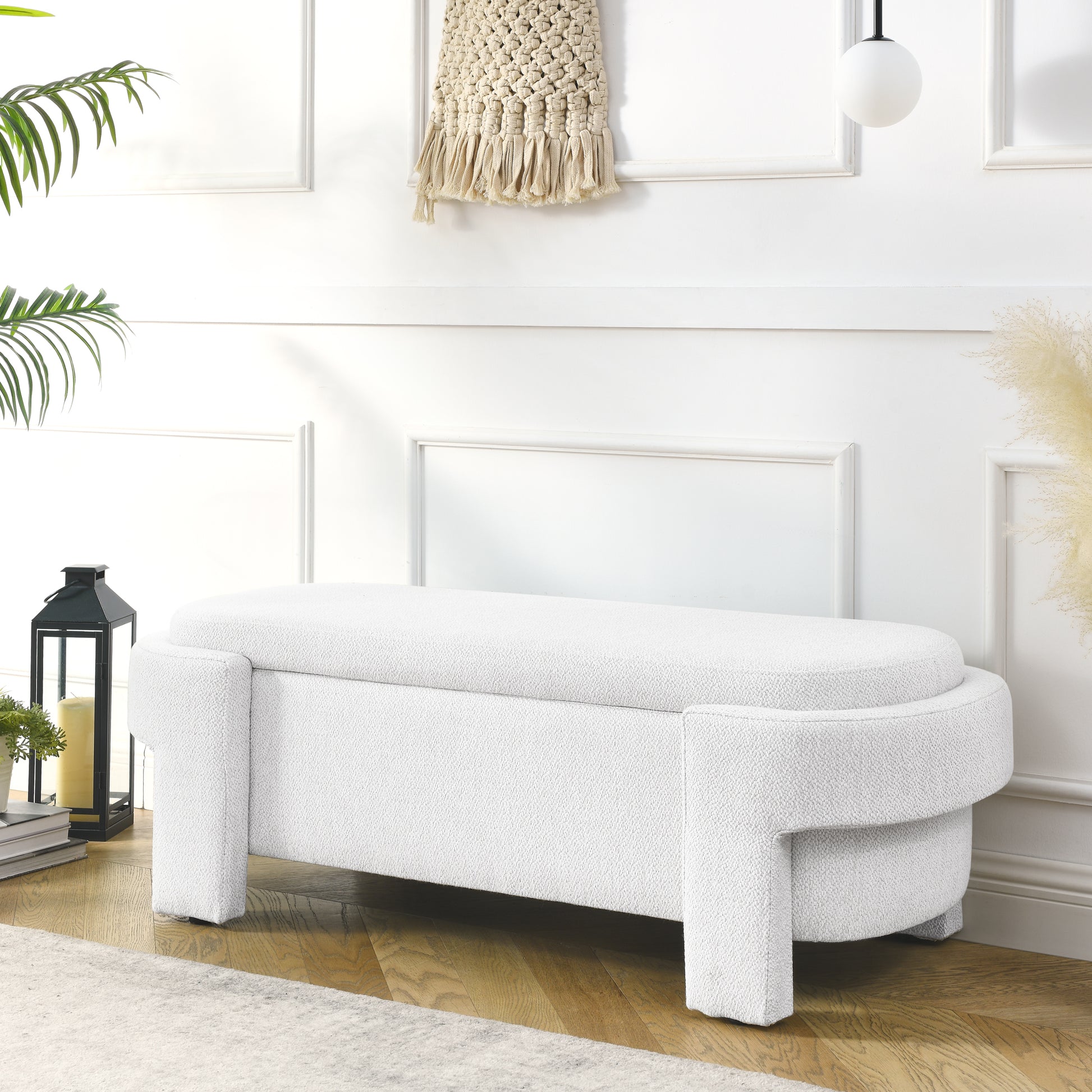 Linen Fabric Upholstered Bench With Large Storage Space For The Living Room, Entryway And Bedroom,White, 51.5''X20.5''X17'' White Foam