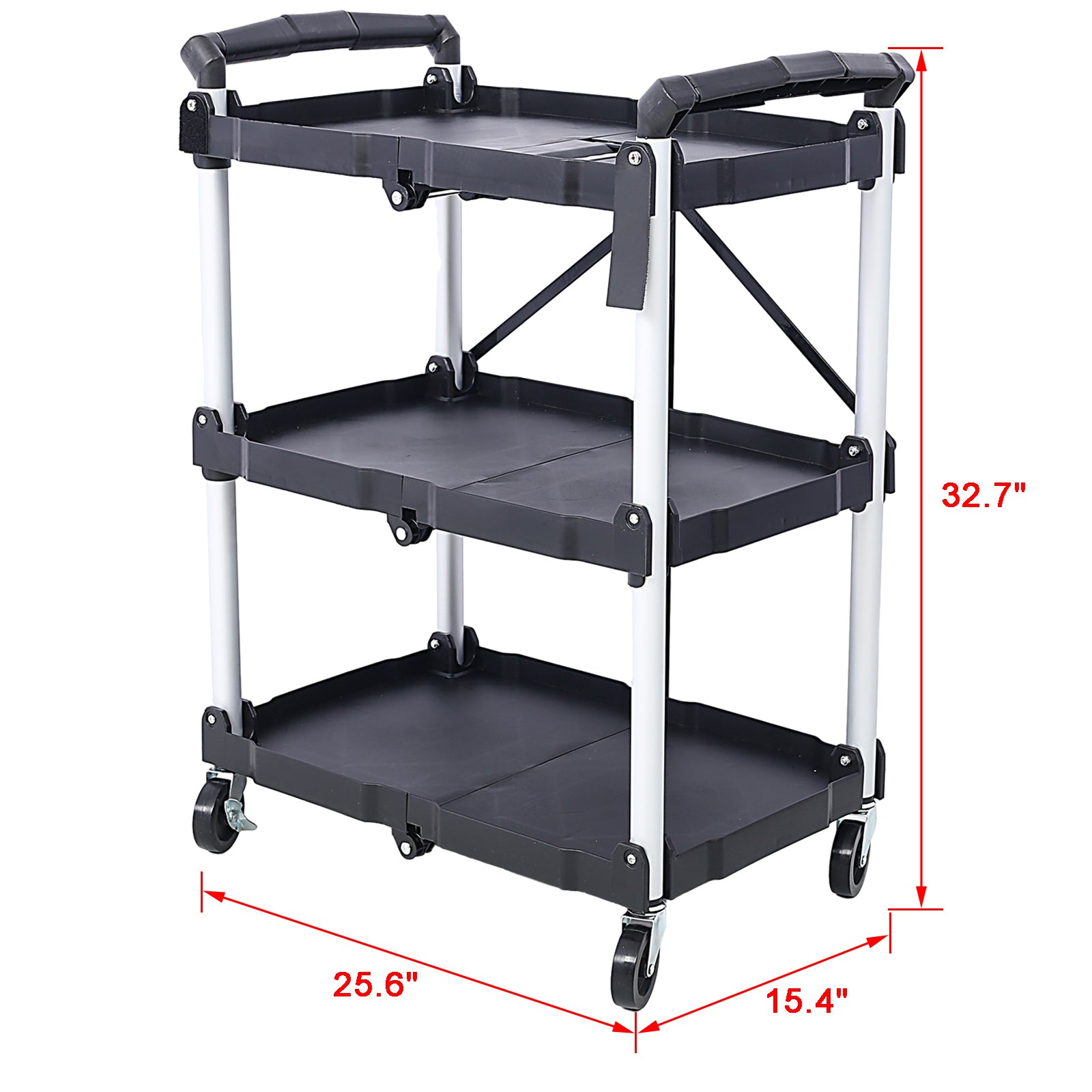 3 Layers Folding Collapsible Service Cart Pack N Roll Folding Collapsible Service Cart, Black, 50 Lb. Load Capacity Per Shelf Black And Silver Iron Plastic