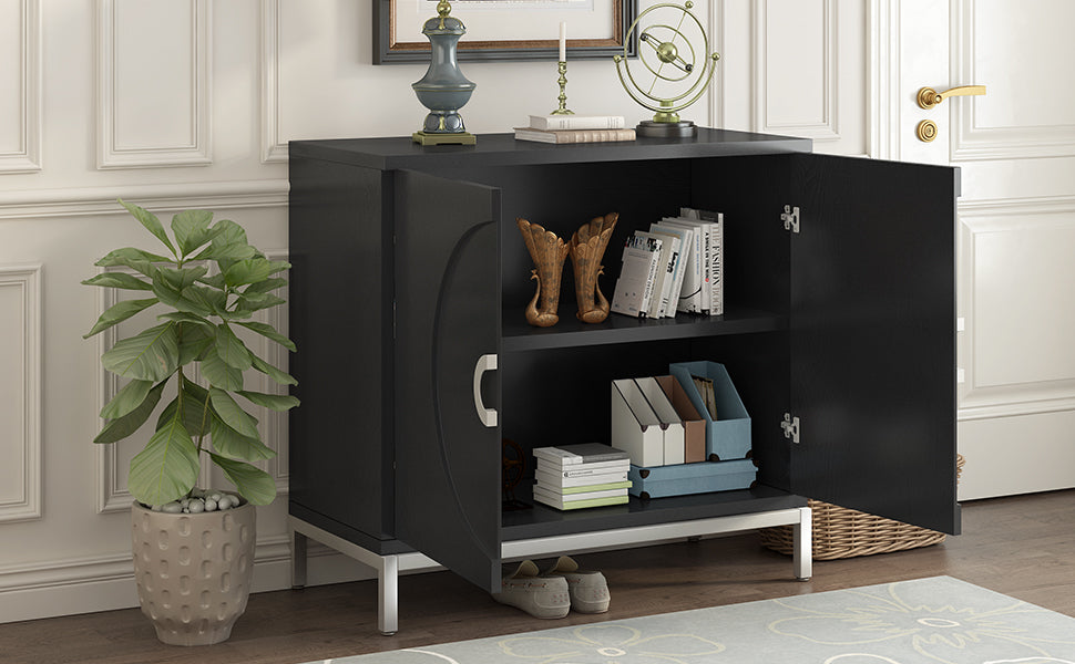 Simple Storage Cabinet Accent Cabinet With Solid Wood Veneer And Metal Leg Frame For Living Room, Entryway, Dining Room Black Black Mdf