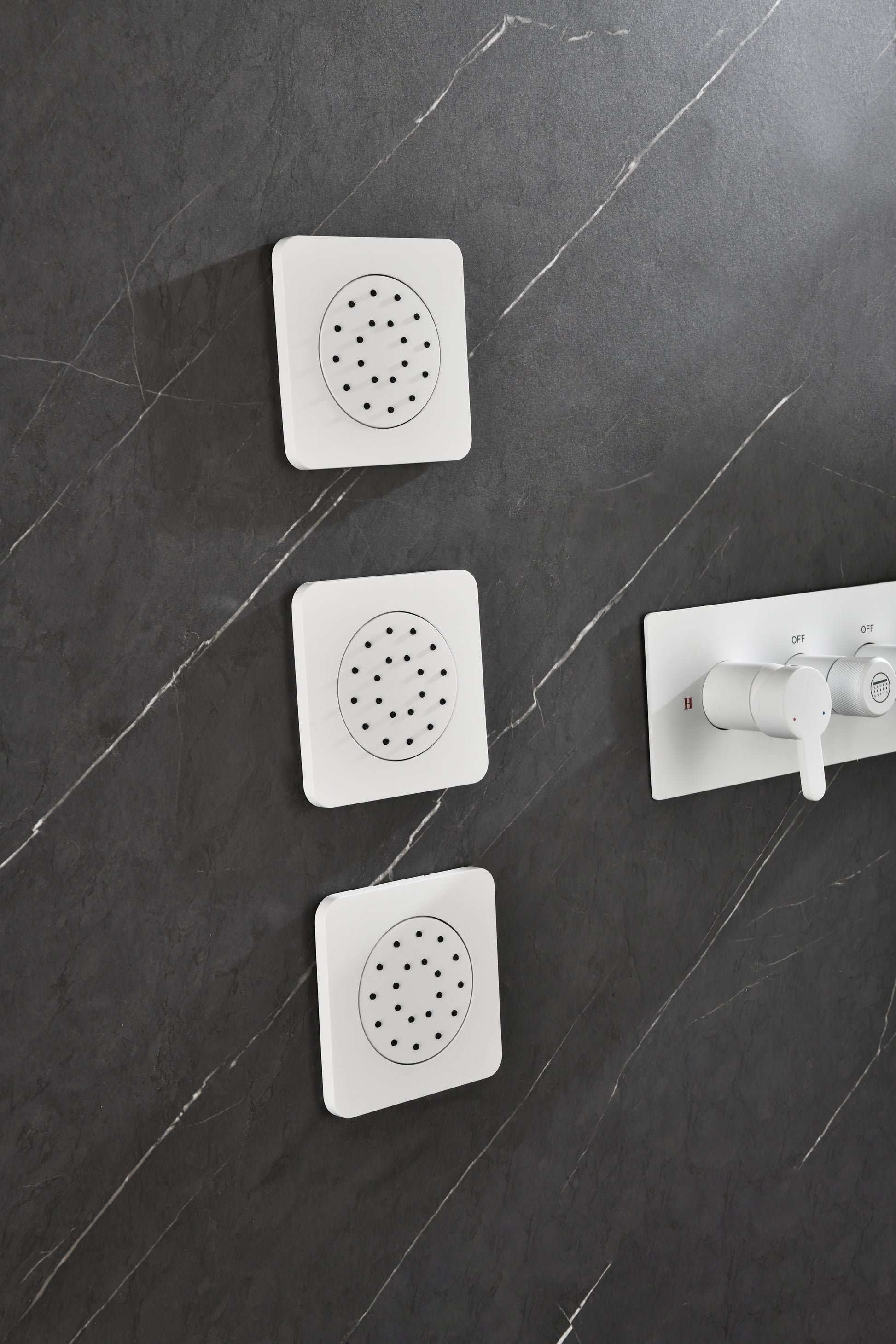 Shower System With Shower Head, Hand Shower, Slide Bar, Bodysprays, Shower Arm, Hose, Valve Trim, And Lever Handles White Brass