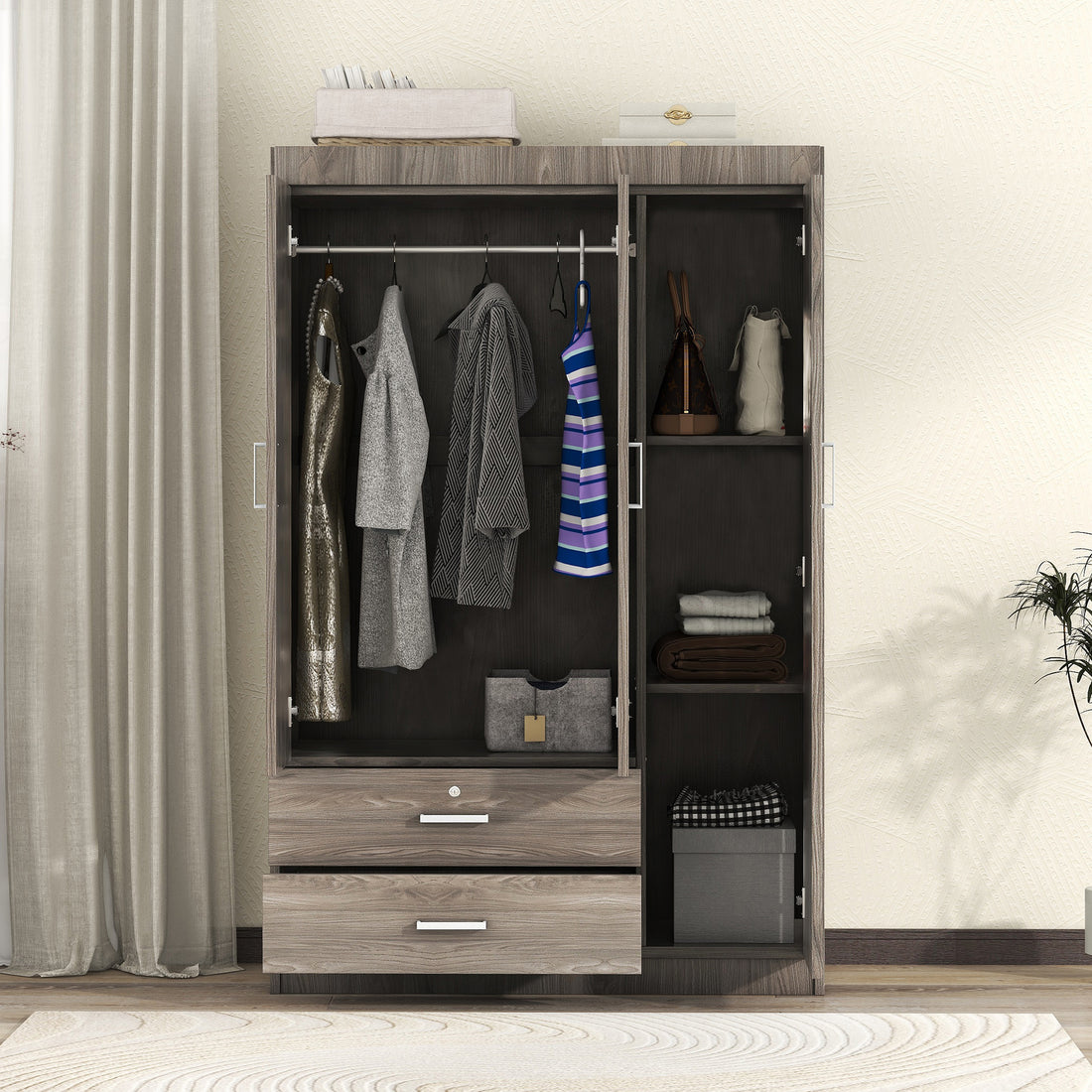 3 Door Wardrobe With 2 Drawers, Wood Grain Effect In Gray Hinged Gray Gray Shelf 2 Drawers Bedroom Ball Bearing Glides Contemporary 3 Lockable Mdf