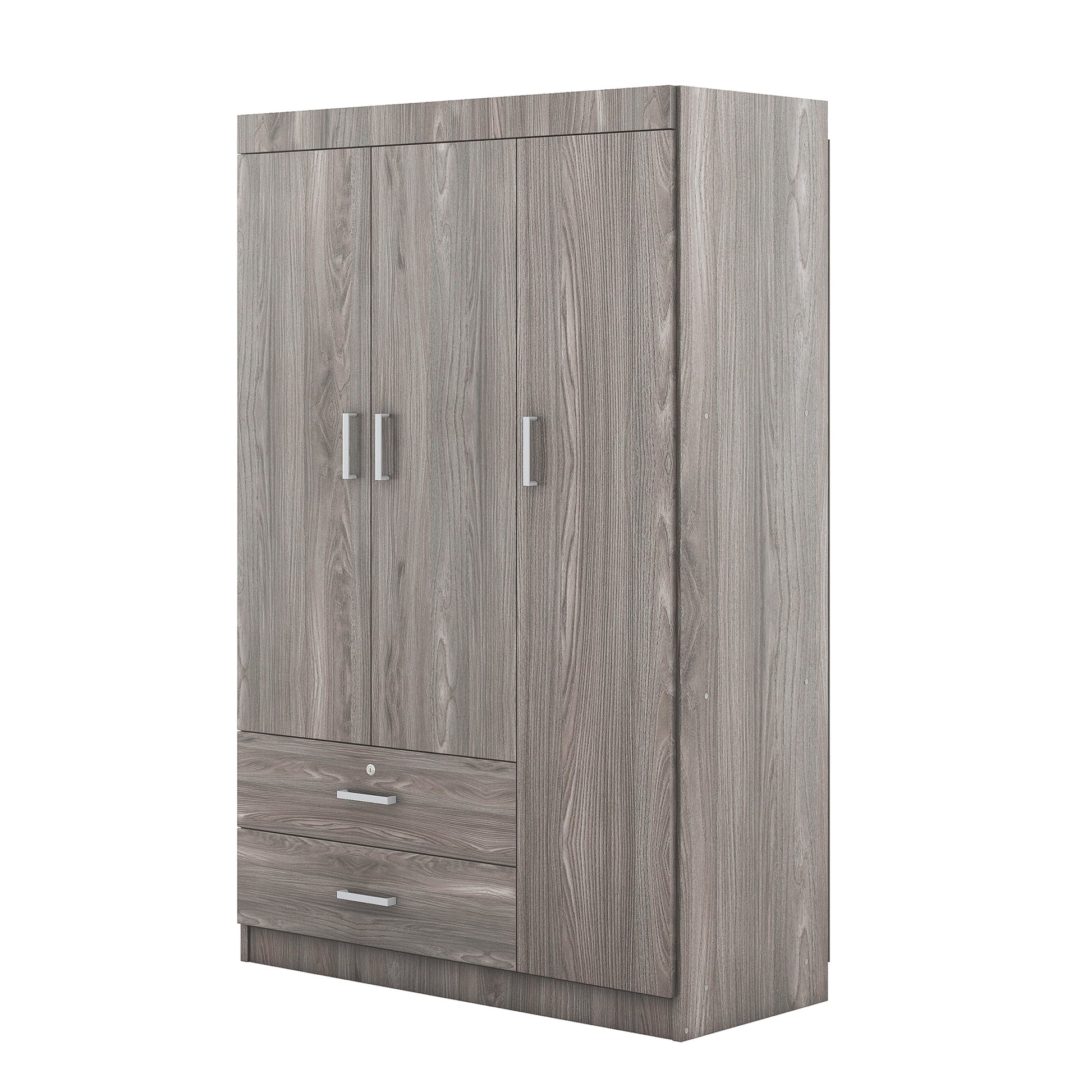 3 Door Wardrobe With 2 Drawers, Wood Grain Effect In Gray Hinged Gray Gray Shelf 2 Drawers Bedroom Ball Bearing Glides Contemporary 3 Lockable Mdf