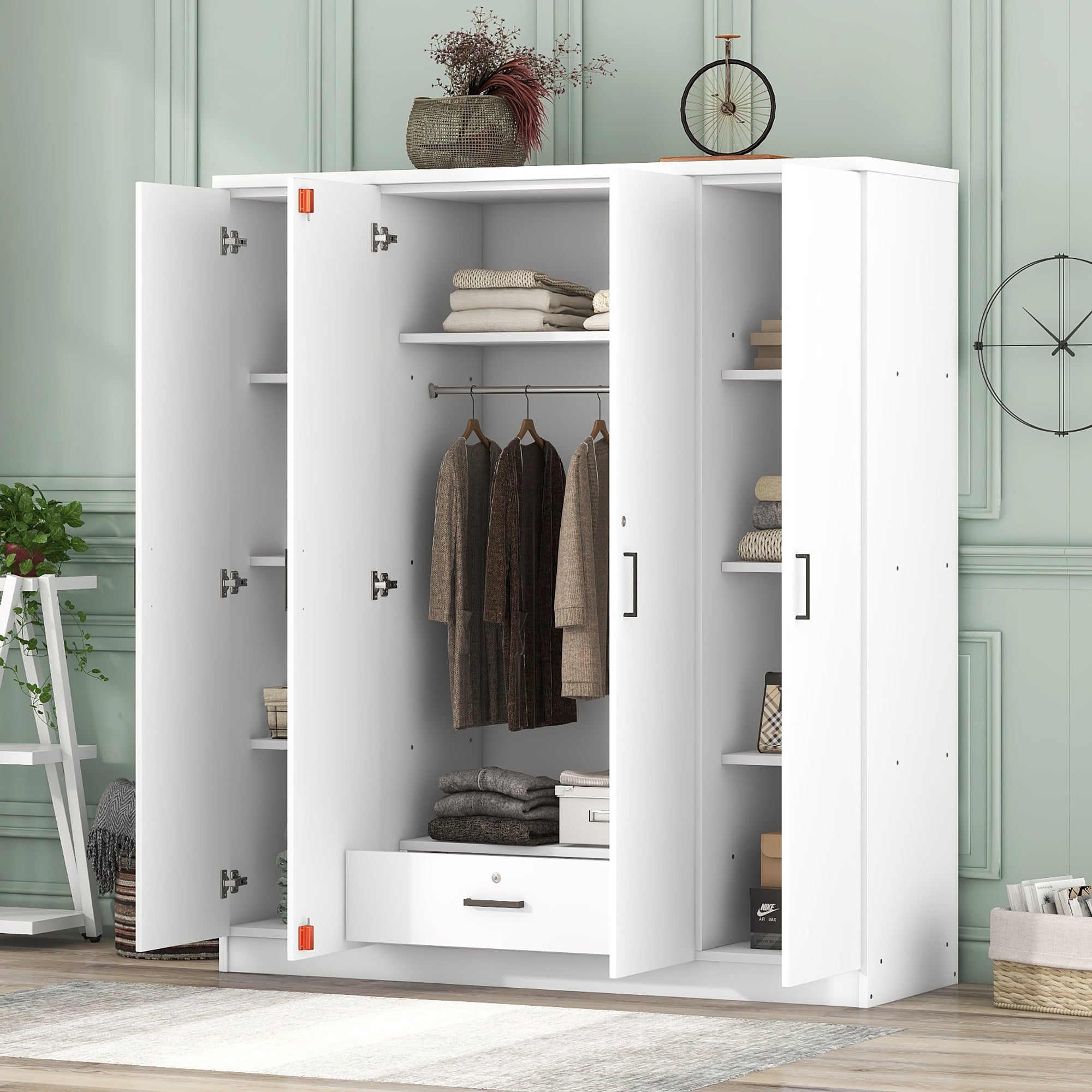 4 Door Wardrobe With 1 Drawer, White Hinged White White Shelf 1 Drawer