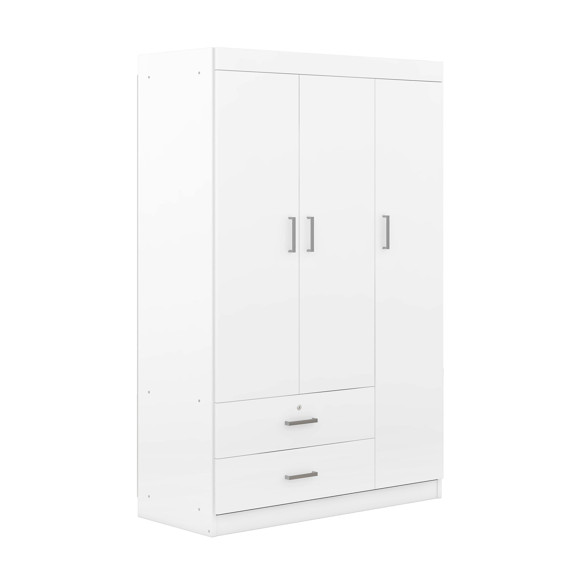 3 Door Wardrobe With 2 Drawers, White Hinged White White Shelf 2 Drawers Bedroom Ball Bearing Glides Contemporary 3 Lockable Mdf